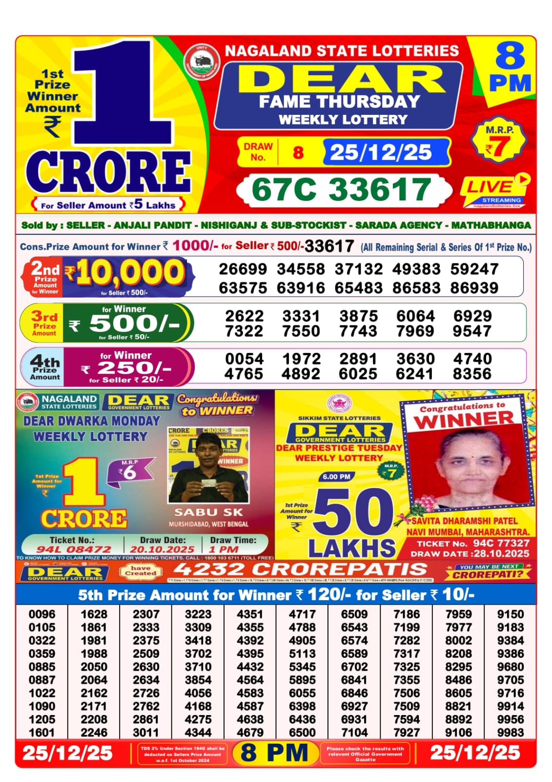 8 PM Lottery Sambad Result Today Live 25.12.25: Check Winning Numbers