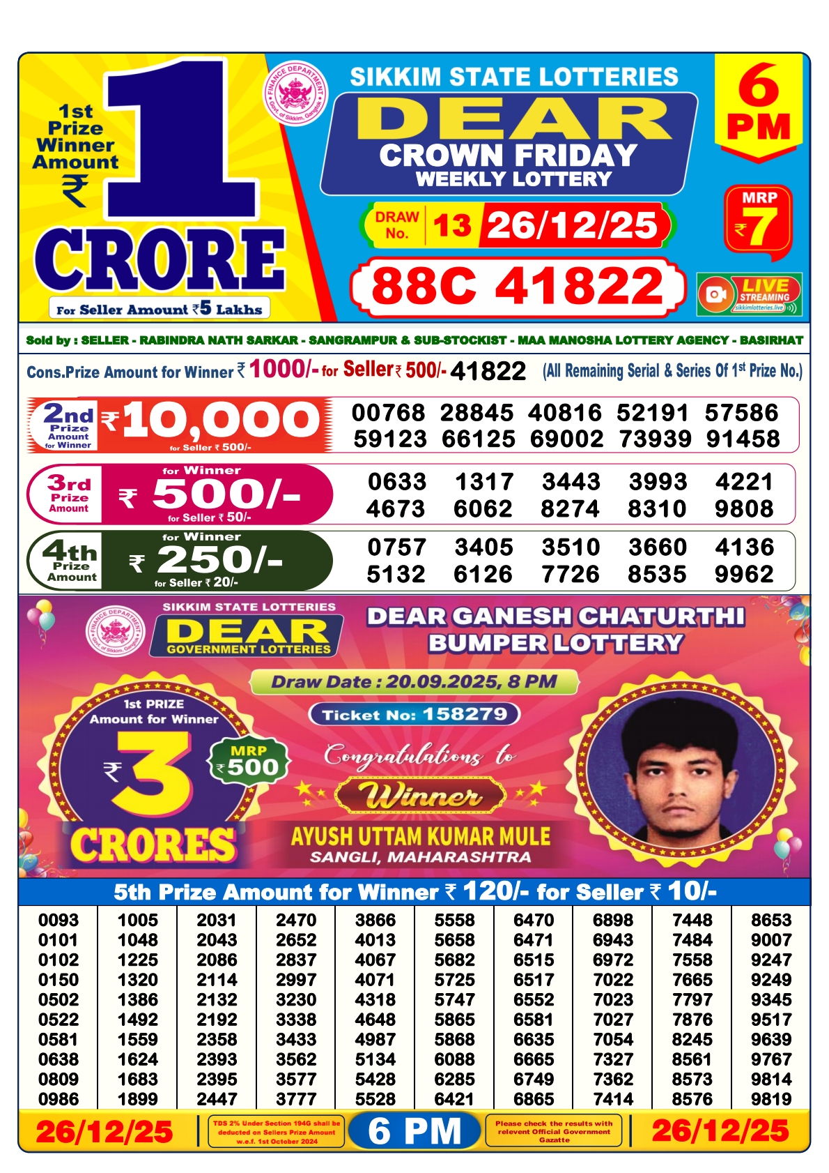 Dear Lottery Sambad Result 6 PM 26 December 2025: Download West Bengal Sambad Result