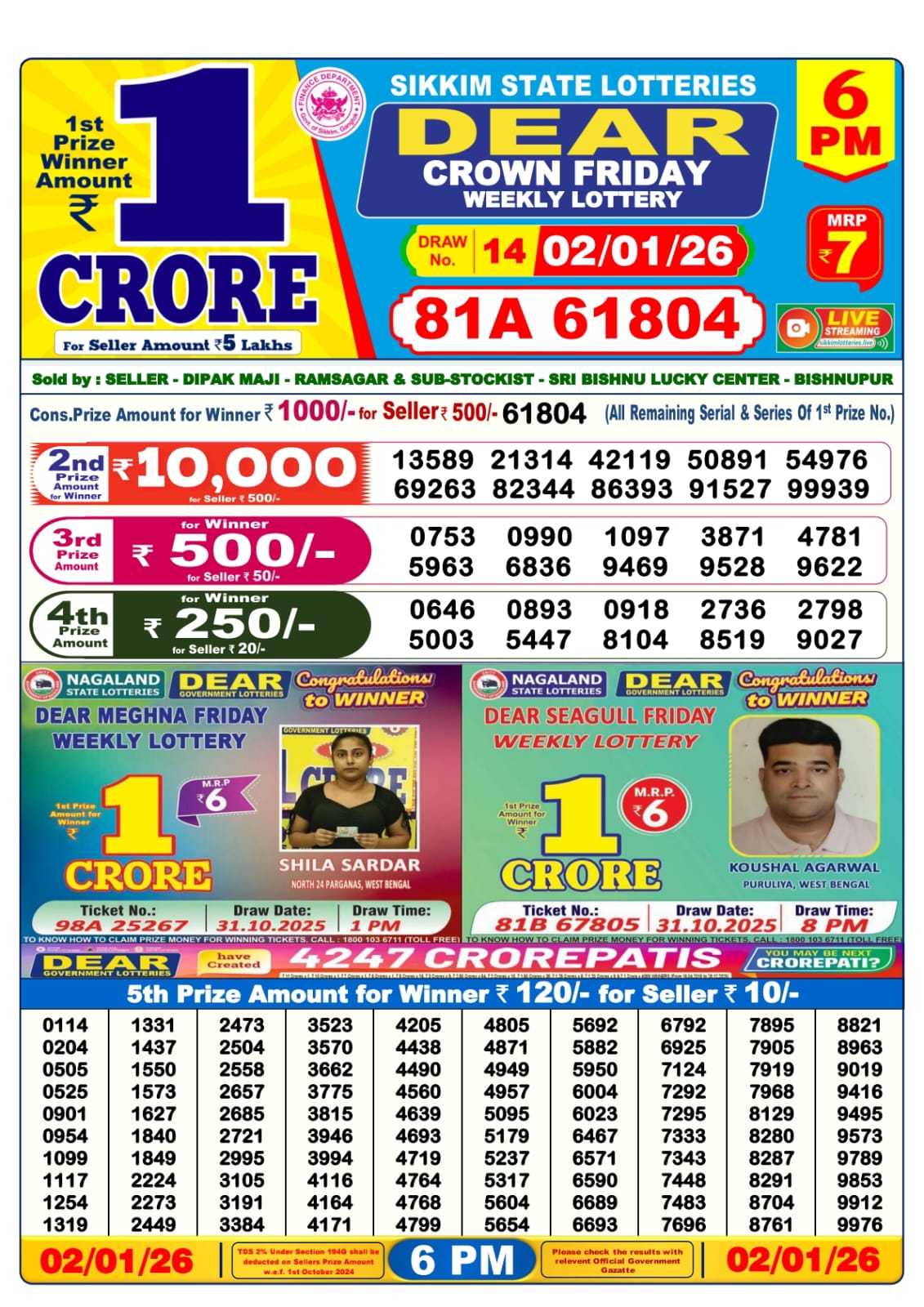 Dear Lottery Sambad Result 6 PM 02 January 2026: Download West Bengal Sambad Result