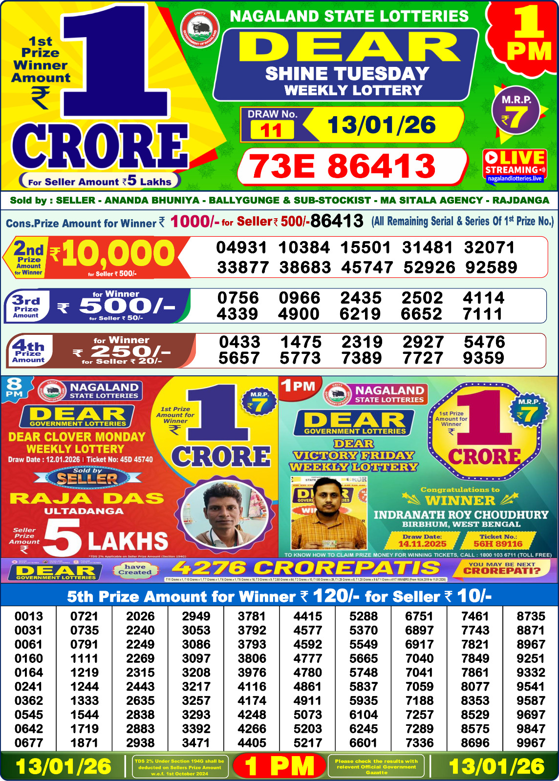 Lottery Sambad 1 PM Result Today 13.01.2026: Check Dear Morning Live Winner List PDF