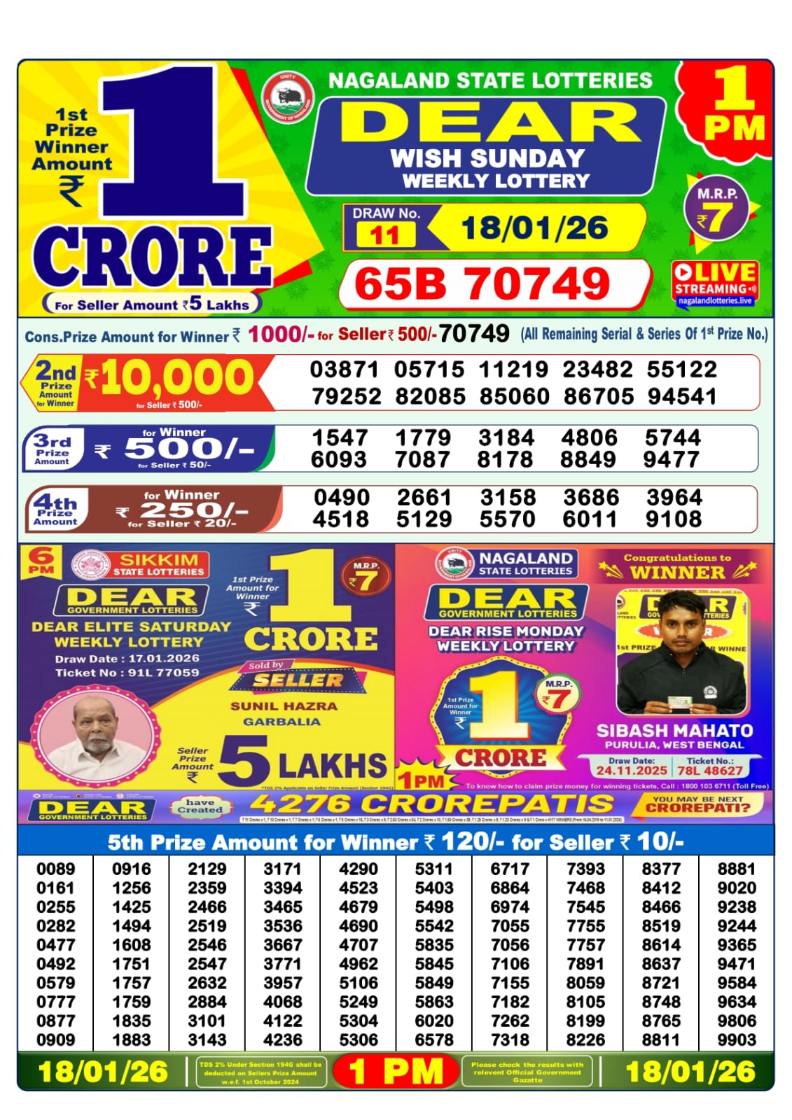Lottery Sambad 1 PM Result Today 18.01.2026: Check Dear Morning Live Winner List PDF