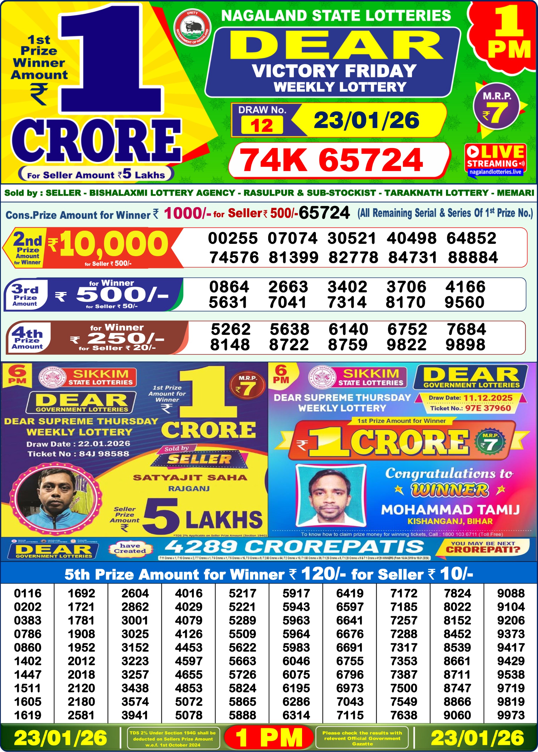 Lottery Sambad 1 PM Result Today 23.01.2026: Check Dear Morning Live Winner List PDF