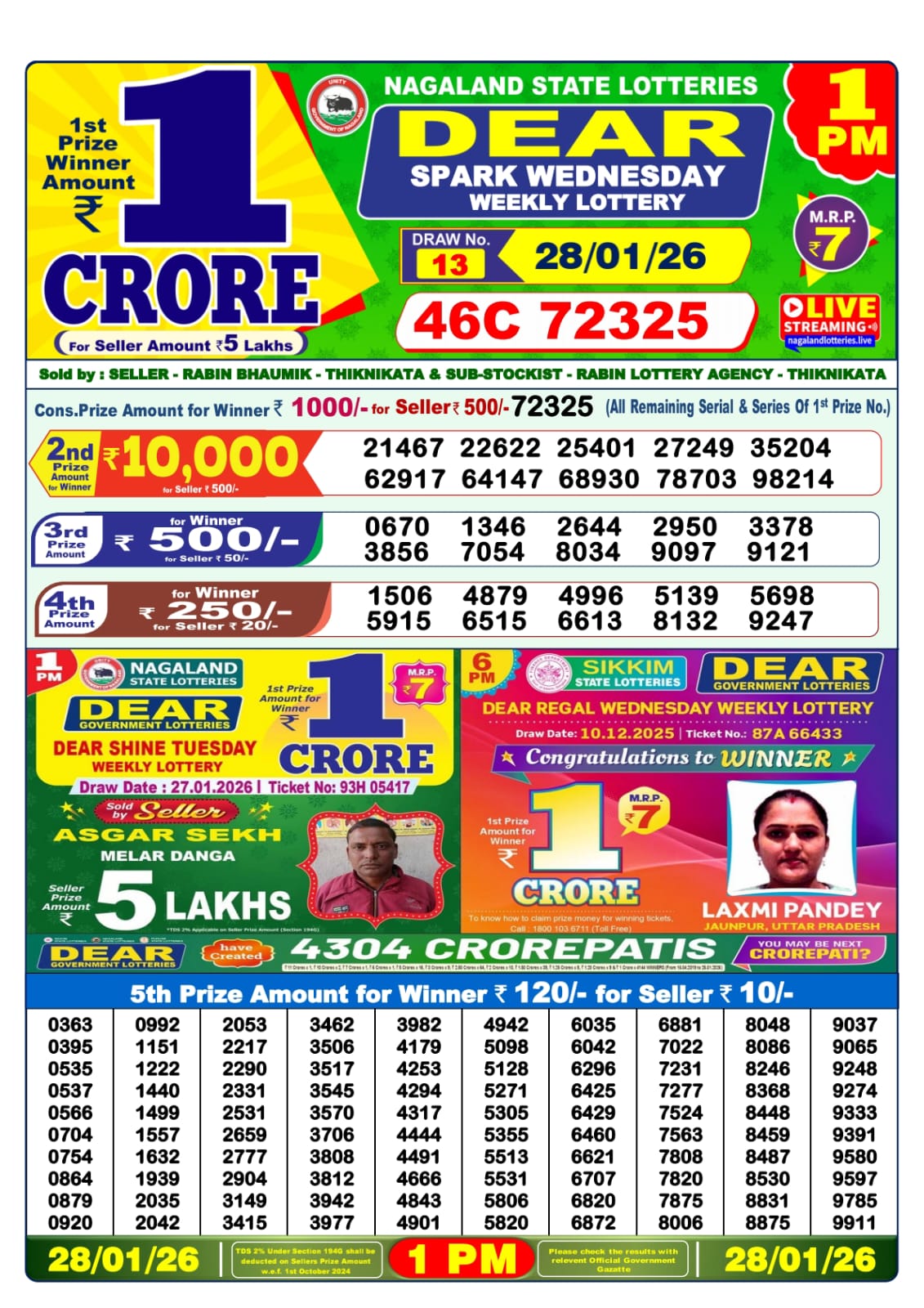 Lottery Sambad 1 PM Result Today 28.01.2026: Check Dear Morning Live Winner List PDF