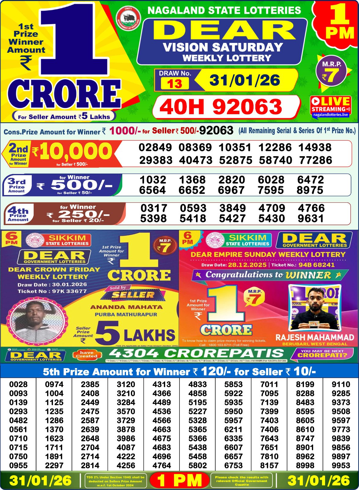 Lottery Sambad 1 PM Result Today 31.01.2026: Check Dear Morning Live Winner List PDF