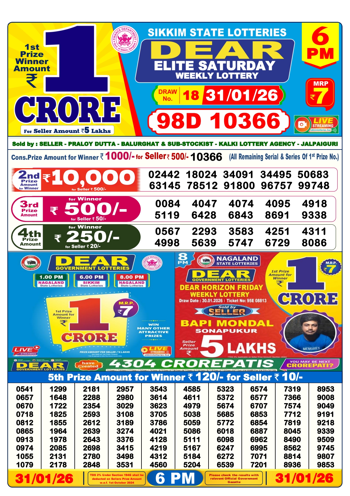 Dear Lottery Sambad Result 6 PM 31 January 2026: Download West Bengal Sambad Result