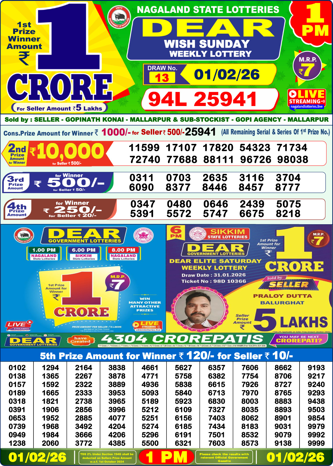 Lottery Sambad 1 PM Result Today 01.02.2026: Check Dear Morning Live Winner List PDF