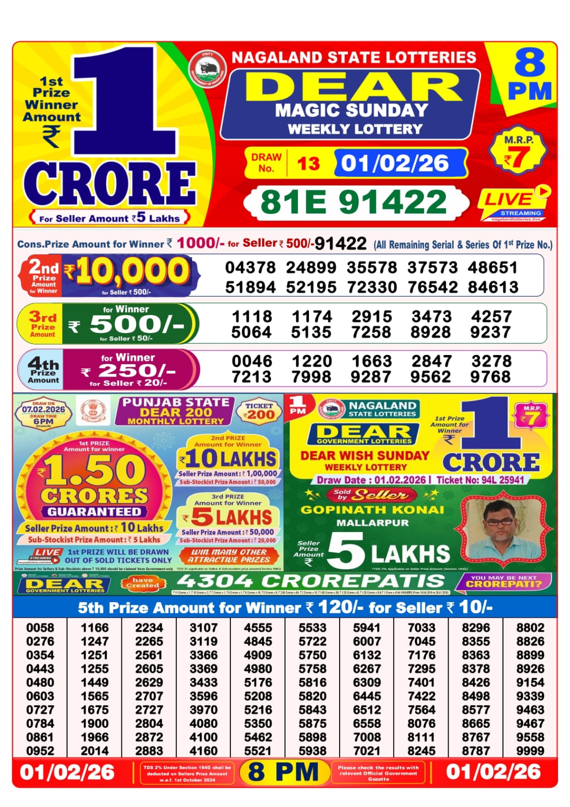 8 PM Lottery Sambad Result Today Live 01.02.26: Check Winning Numbers