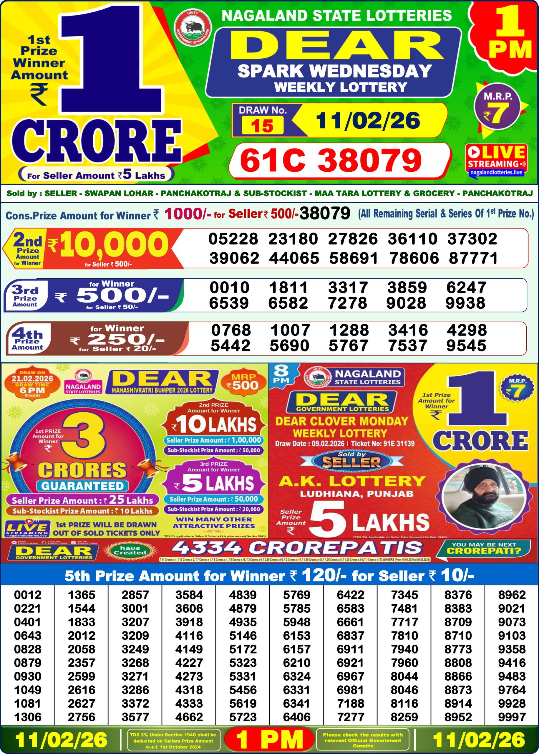 Lottery Sambad 1 PM Result Today 11.02.2026: Check Dear Morning Live Winner List PDF