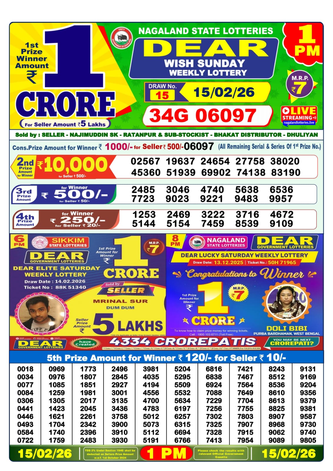 Lottery Sambad 1 PM Result Today 15.02.2026: Check Dear Morning Live Winner List PDF