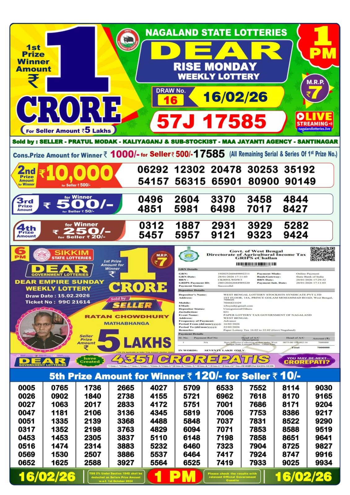 Lottery Sambad 1 PM Result Today 16.02.2026: Check Dear Morning Live Winner List PDF