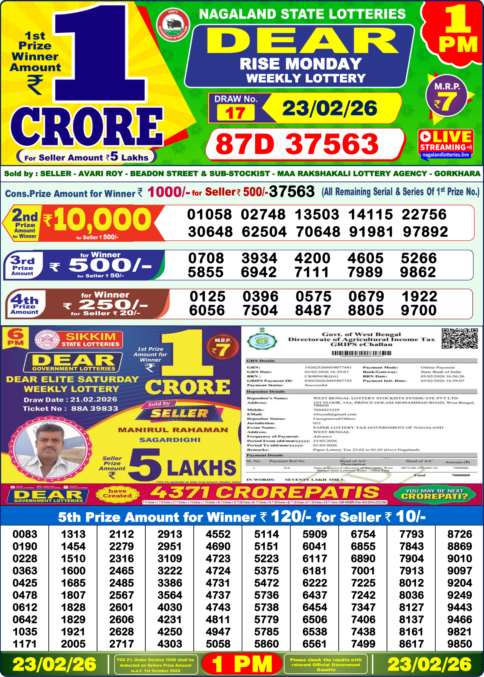 Lottery Sambad 1 PM Result Today 23.02.2026: Check Dear Morning Live Winner List PDF