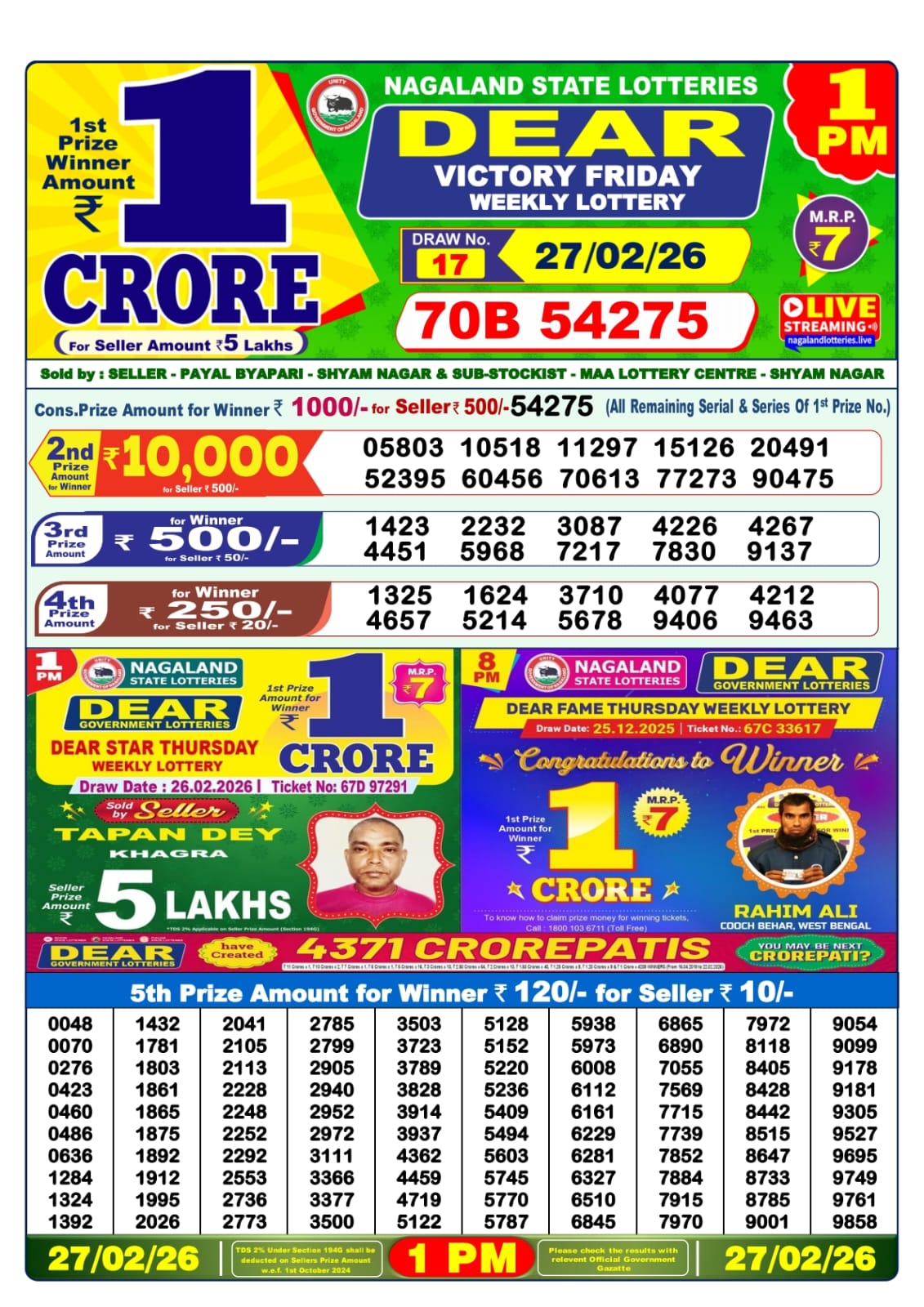 Lottery Sambad 1 PM Result Today 27.02.2026: Check Dear Morning Live Winner List PDF
