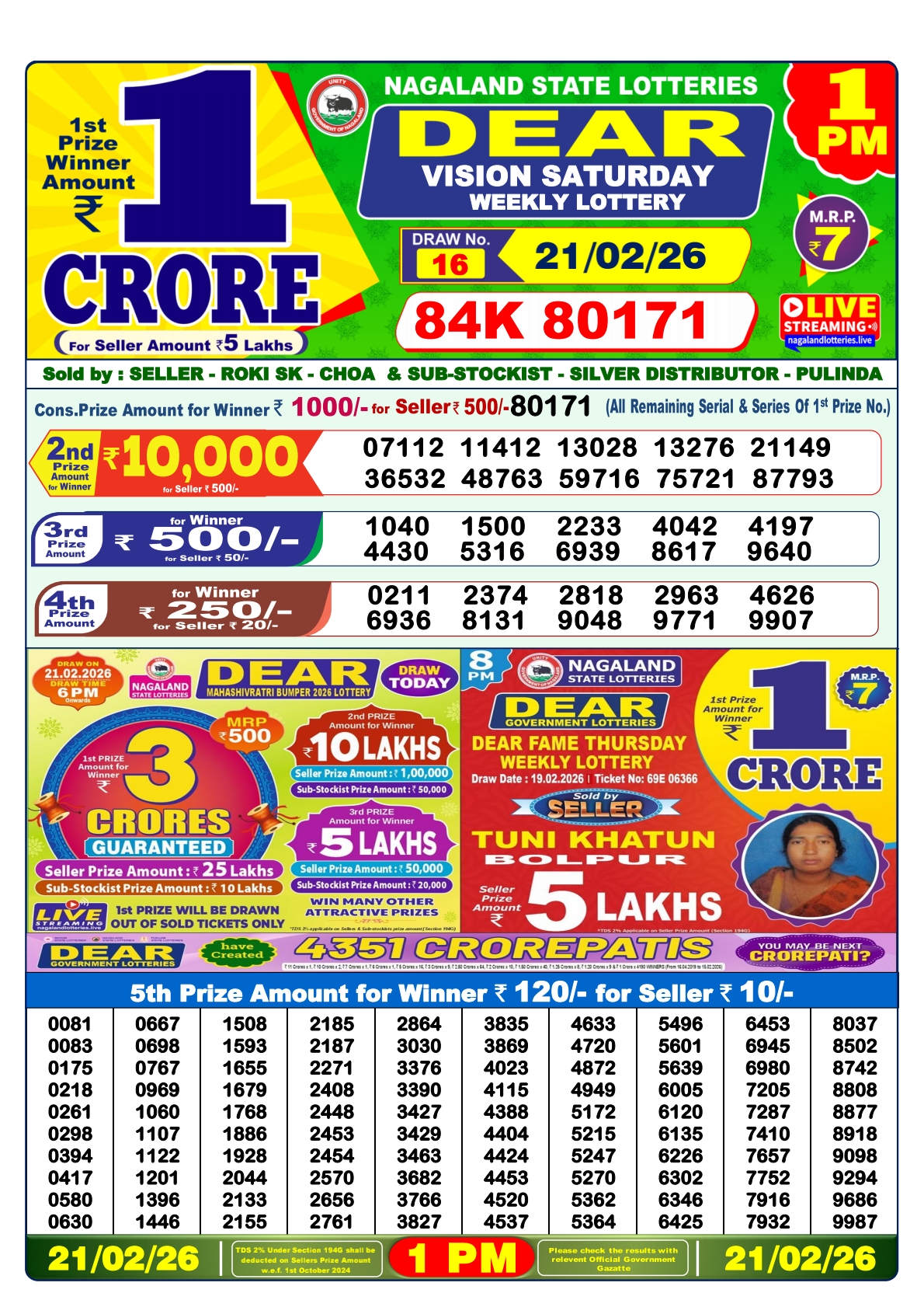 Lottery Sambad 1 PM Result Today 21.02.2026: Check Dear Morning Live Winner List PDF