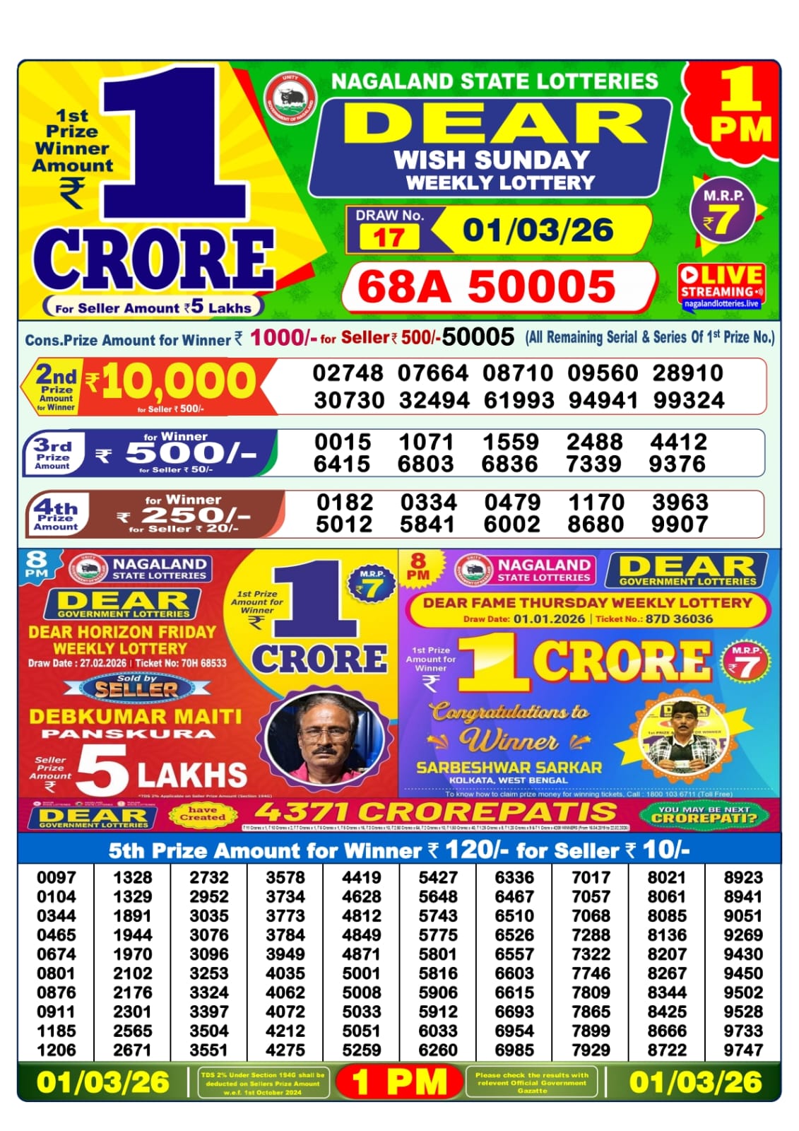 Lottery Sambad 1 PM Result Today 01.03.2026: Check Dear Morning Live Winner List PDF