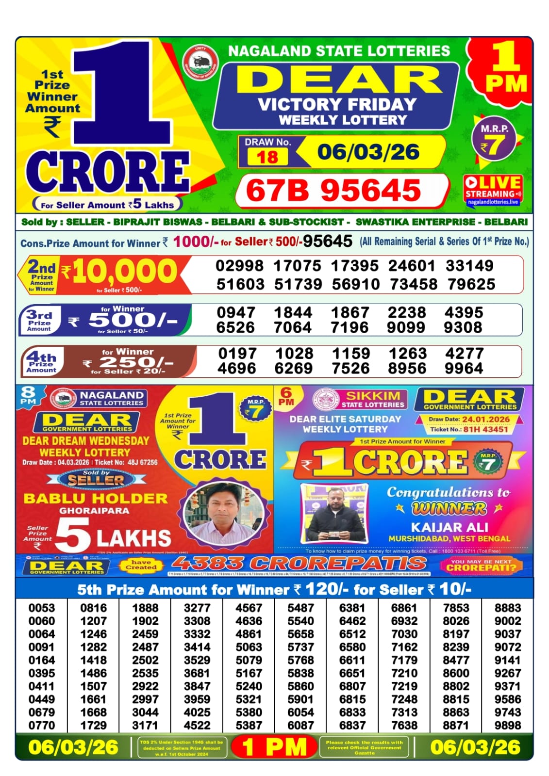 Lottery Sambad 1 PM Result Today 06.03.2026: Check Dear Morning Live Winner List PDF