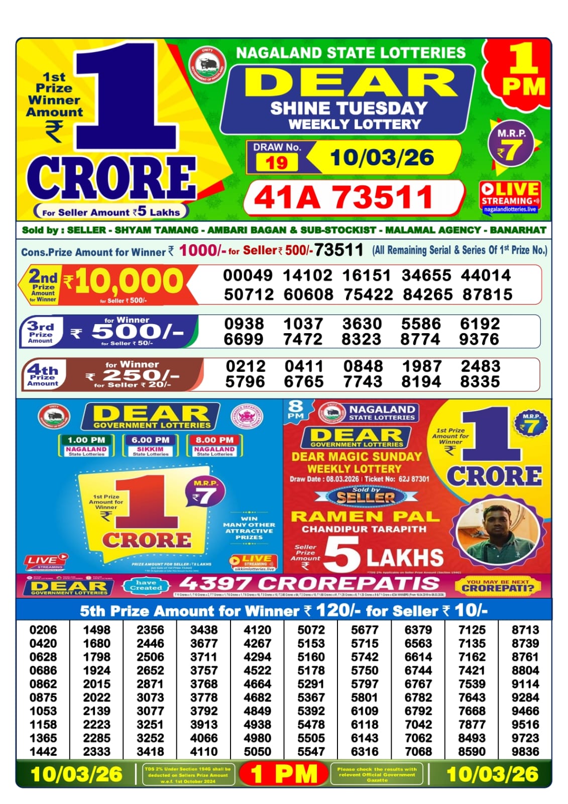 Lottery Sambad 1 PM Result Today 10.03.2026: Check Dear Morning Live Winner List PDF