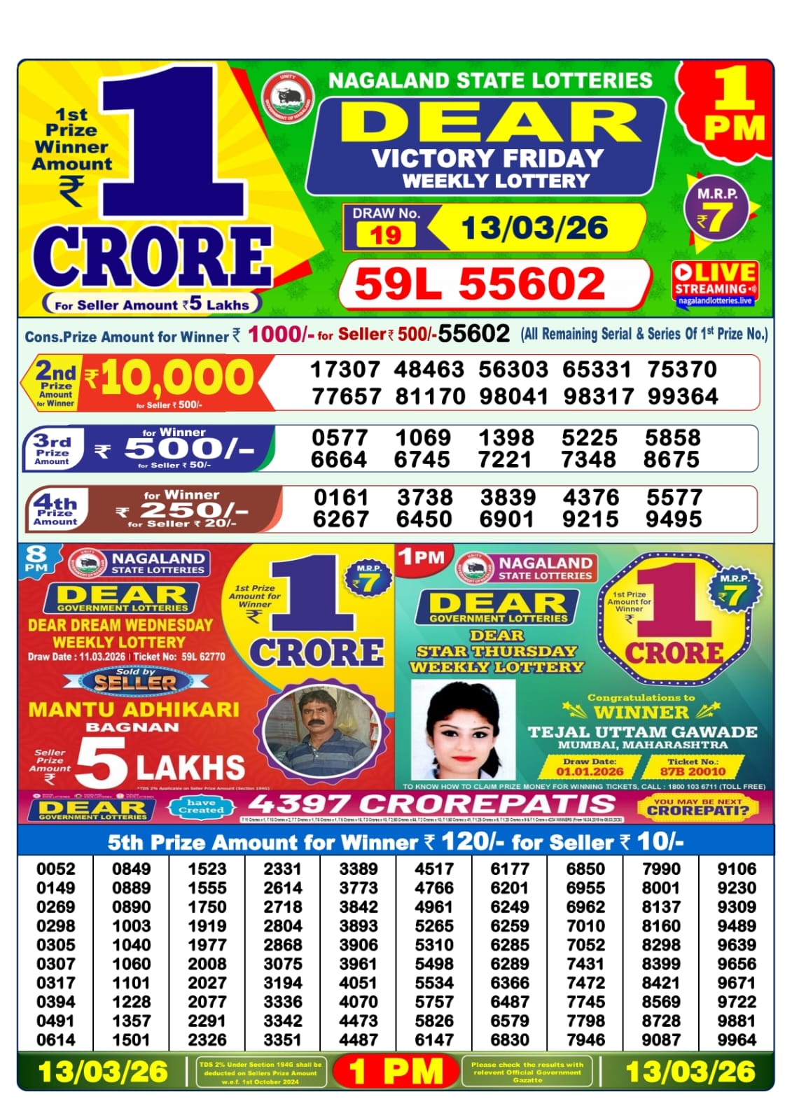 Lottery Sambad 1 PM Result Today 13.03.2026: Check Dear Morning Live Winner List PDF