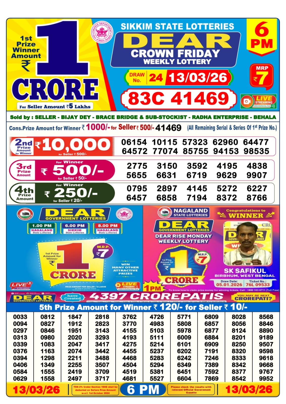Dear Lottery Sambad Result 6 PM 13 March 2026: Download West Bengal Sambad Result