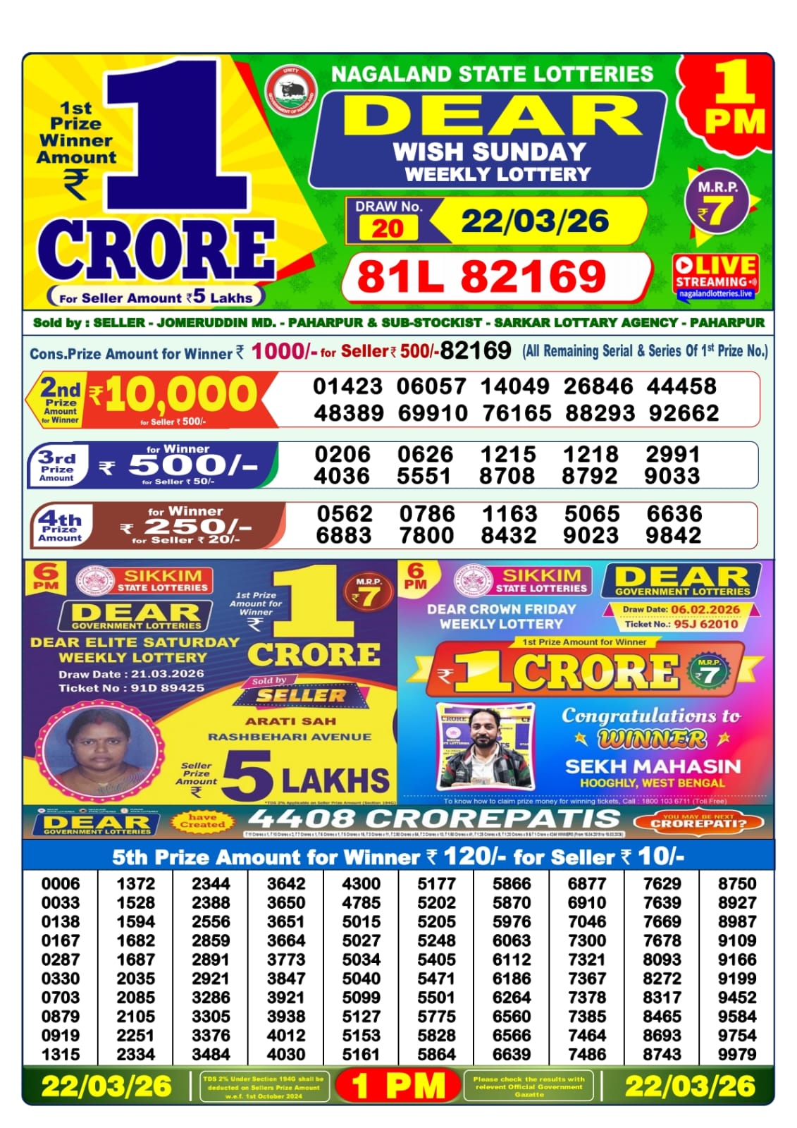 Lottery Sambad 1 PM Result Today 22.03.2026: Check Dear Morning Live Winner List PDF