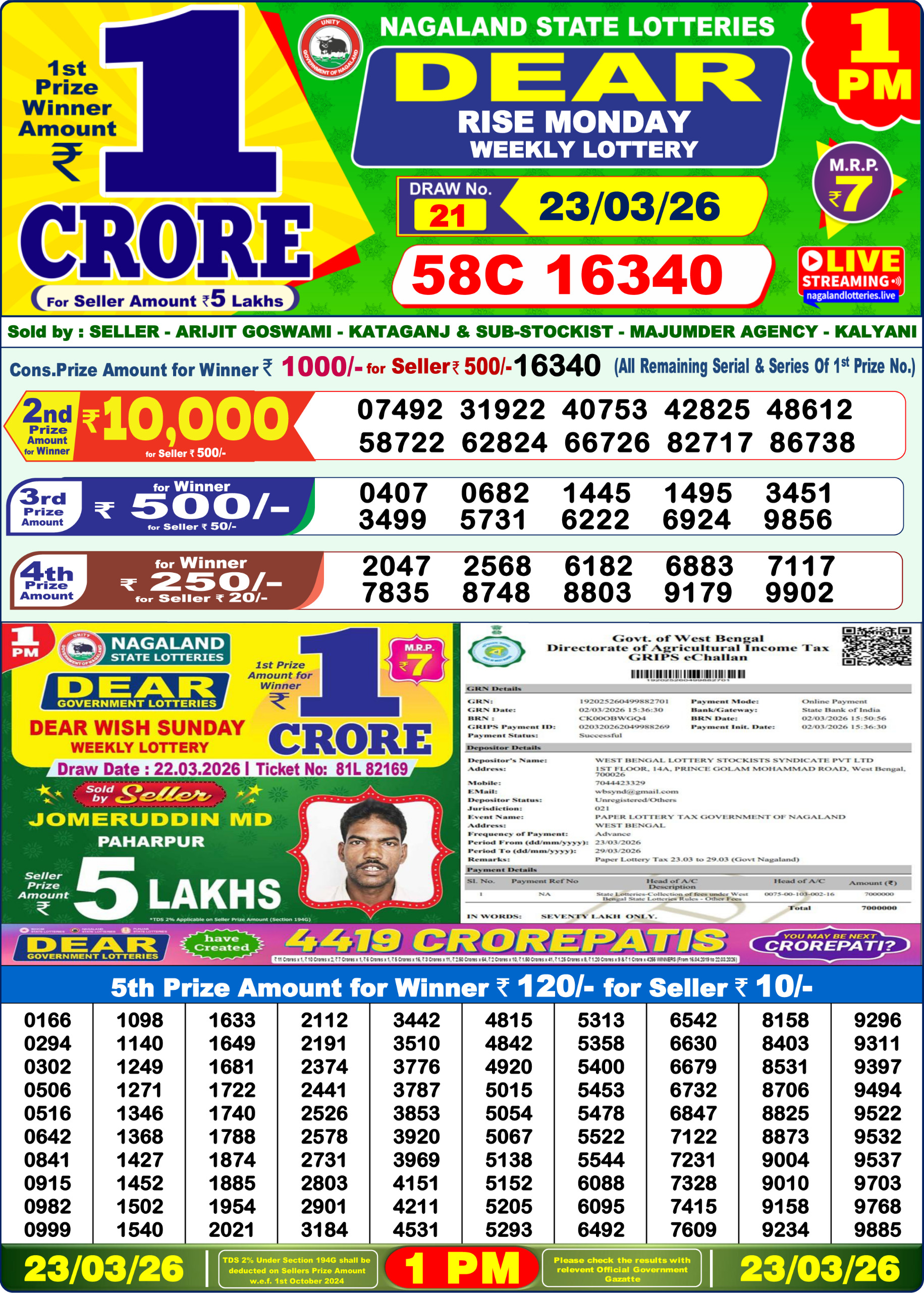 Lottery Sambad 1 PM Result Today 23.03.2026: Check Dear Morning Live Winner List PDF