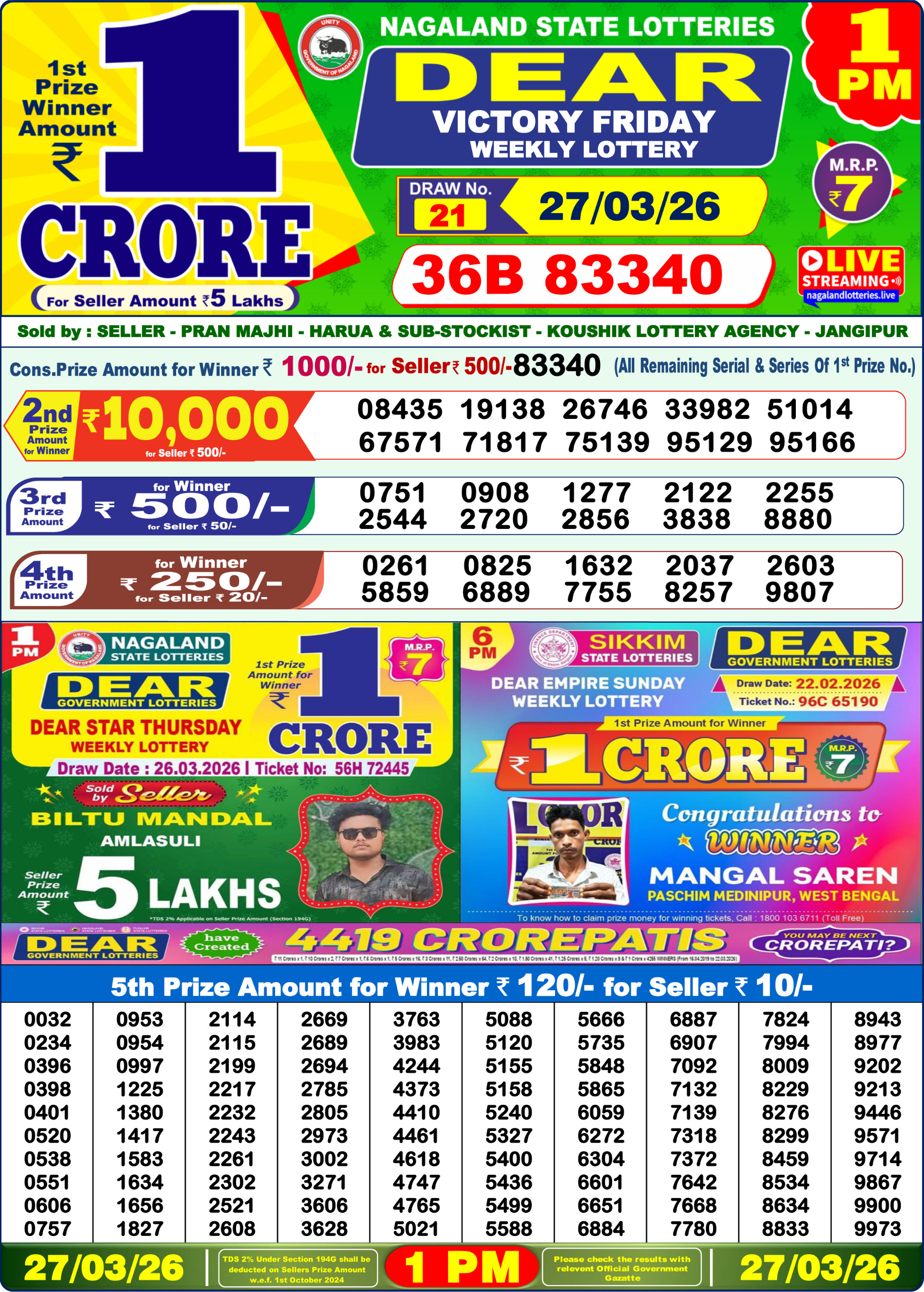 Lottery Sambad 1 PM Result Today 27.03.2026: Check Dear Morning Live Winner List PDF