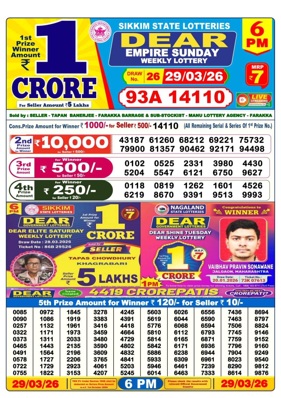 Dear Lottery Sambad Result 6 PM 29 March 2026: Download West Bengal Sambad Result