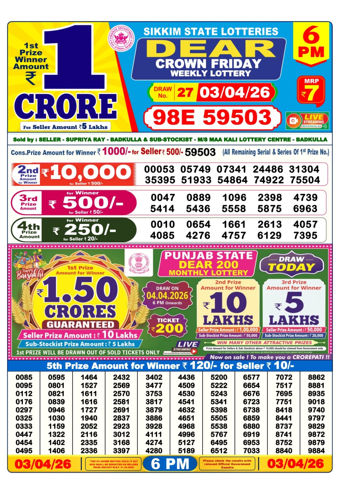 Dear Lottery Sambad Result 6 PM 03 April 2026: Download West Bengal Sambad Result