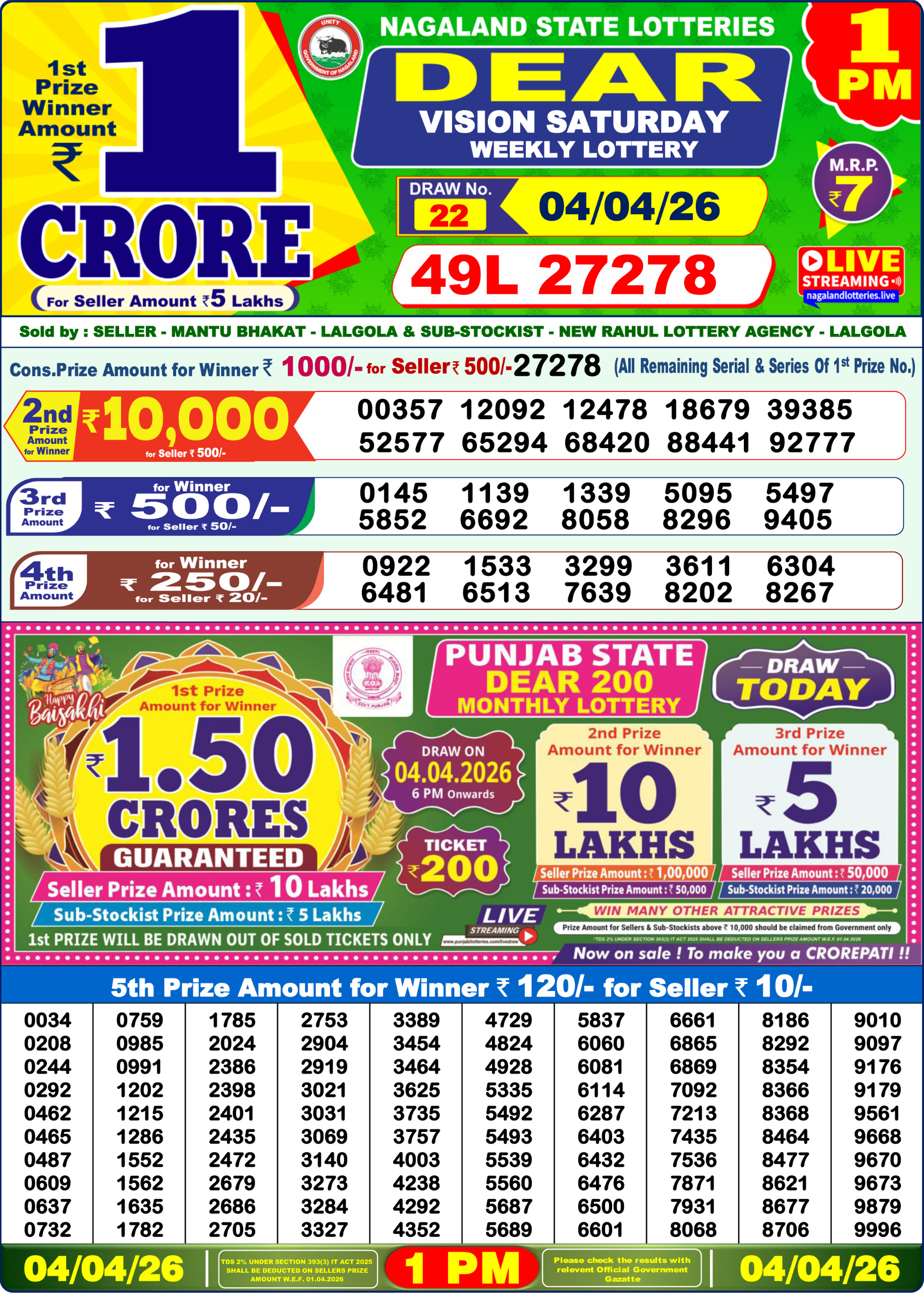 Lottery Sambad 1 PM Result Today 04.04.2026: Check Dear Morning Live Winner List PDF