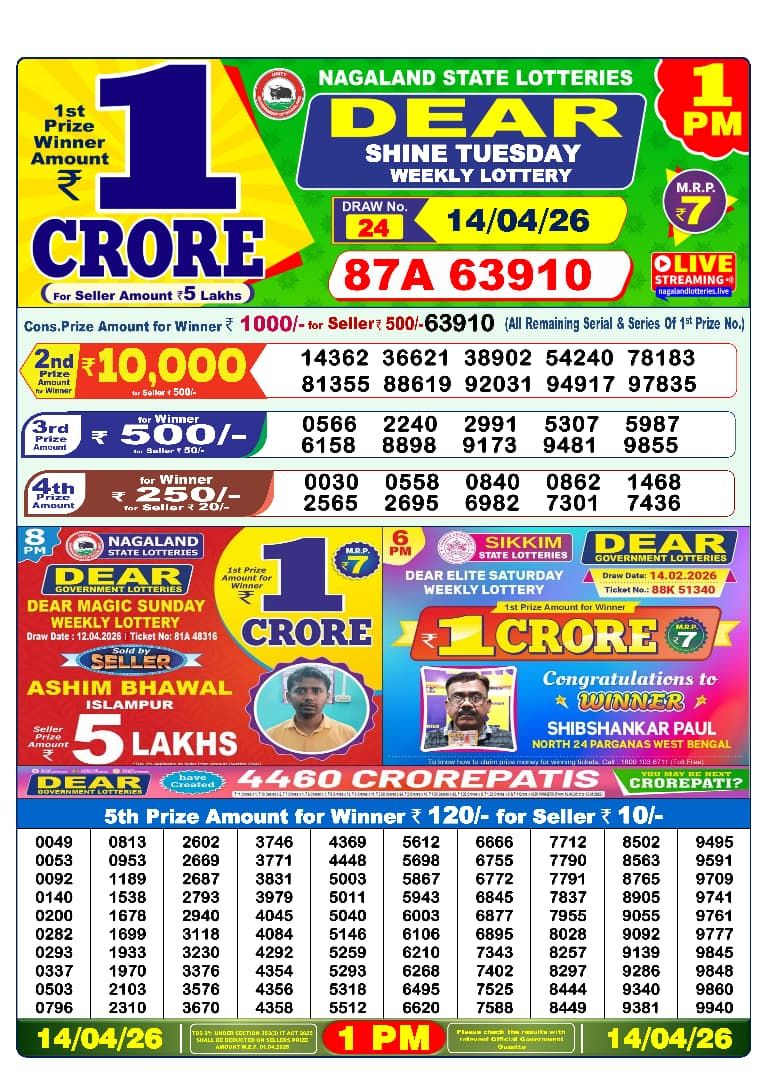 Lottery Sambad 1 PM Result Today 14.04.2026: Check Dear Morning Live Winner List PDF