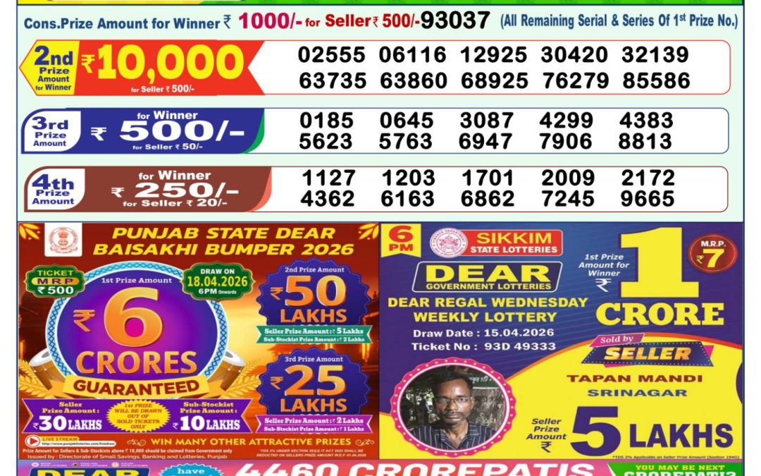 Lottery Sambad 1 PM Result Today 16.04.2026: Check Dear Morning Live Winner List PDF