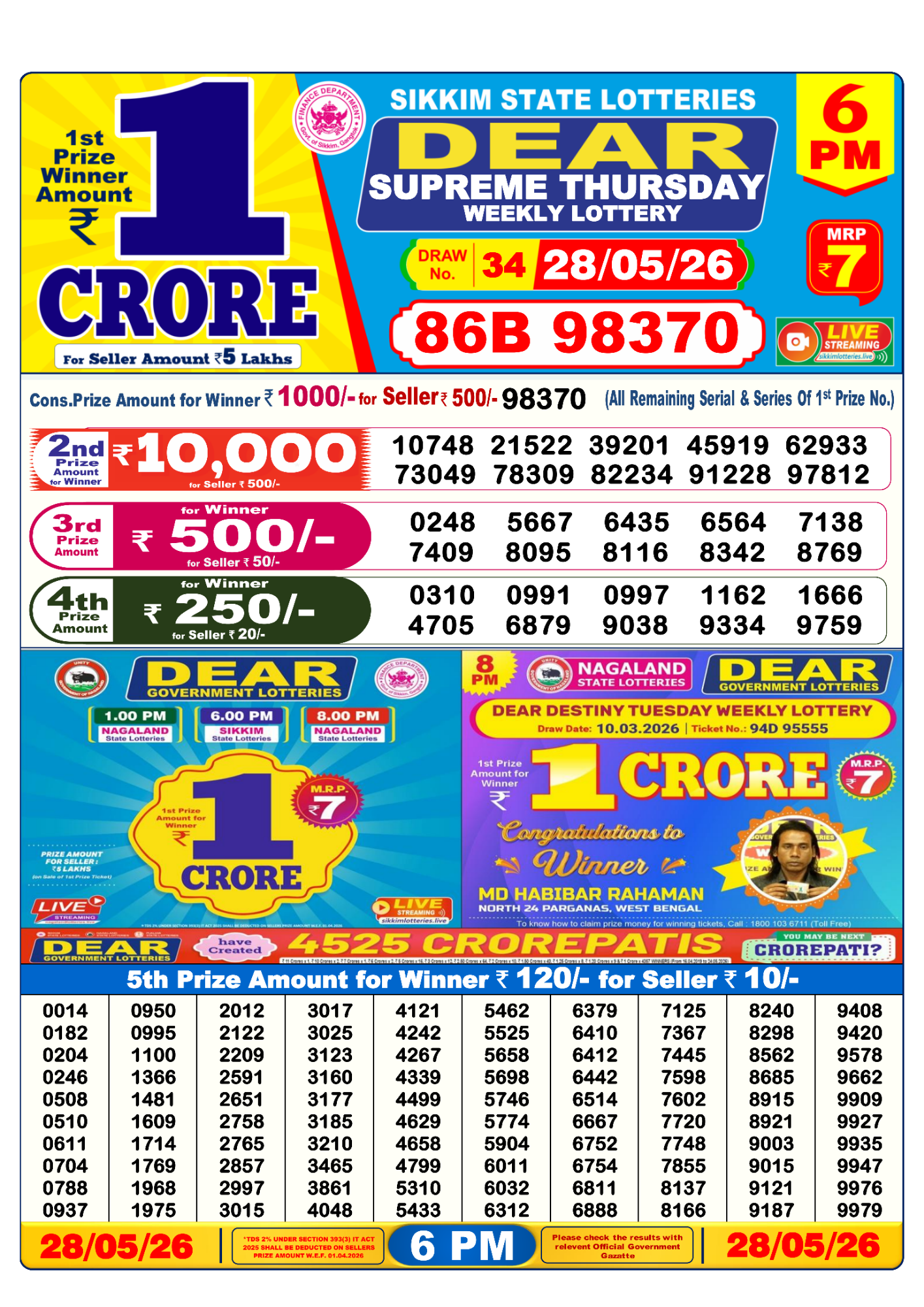Dear Lottery Sambad Result 6 PM 28 May 2026: Download West Bengal Sambad Result