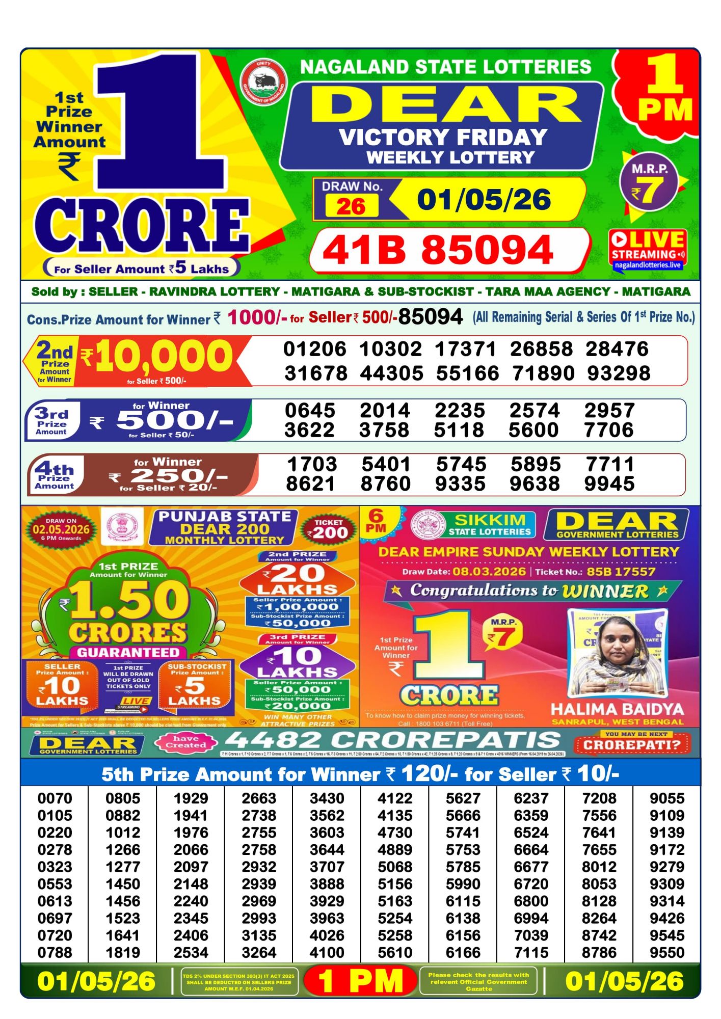 Lottery Sambad 1 PM Result Today 01.05.2026: Check Dear Morning Live Winner List PDF