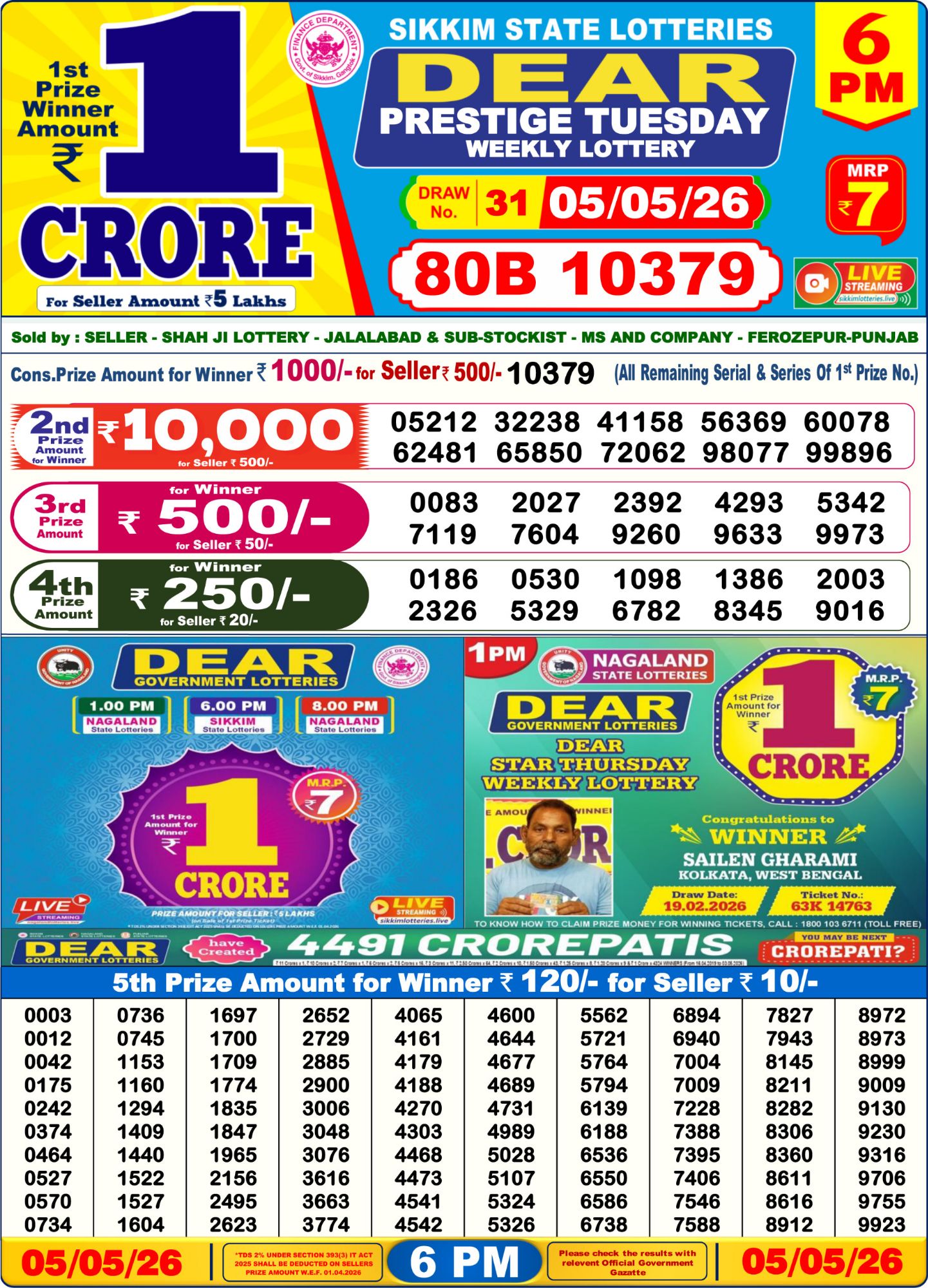 Dear Lottery Sambad Result 6 PM 05 May 2026: Download West Bengal Sambad Result