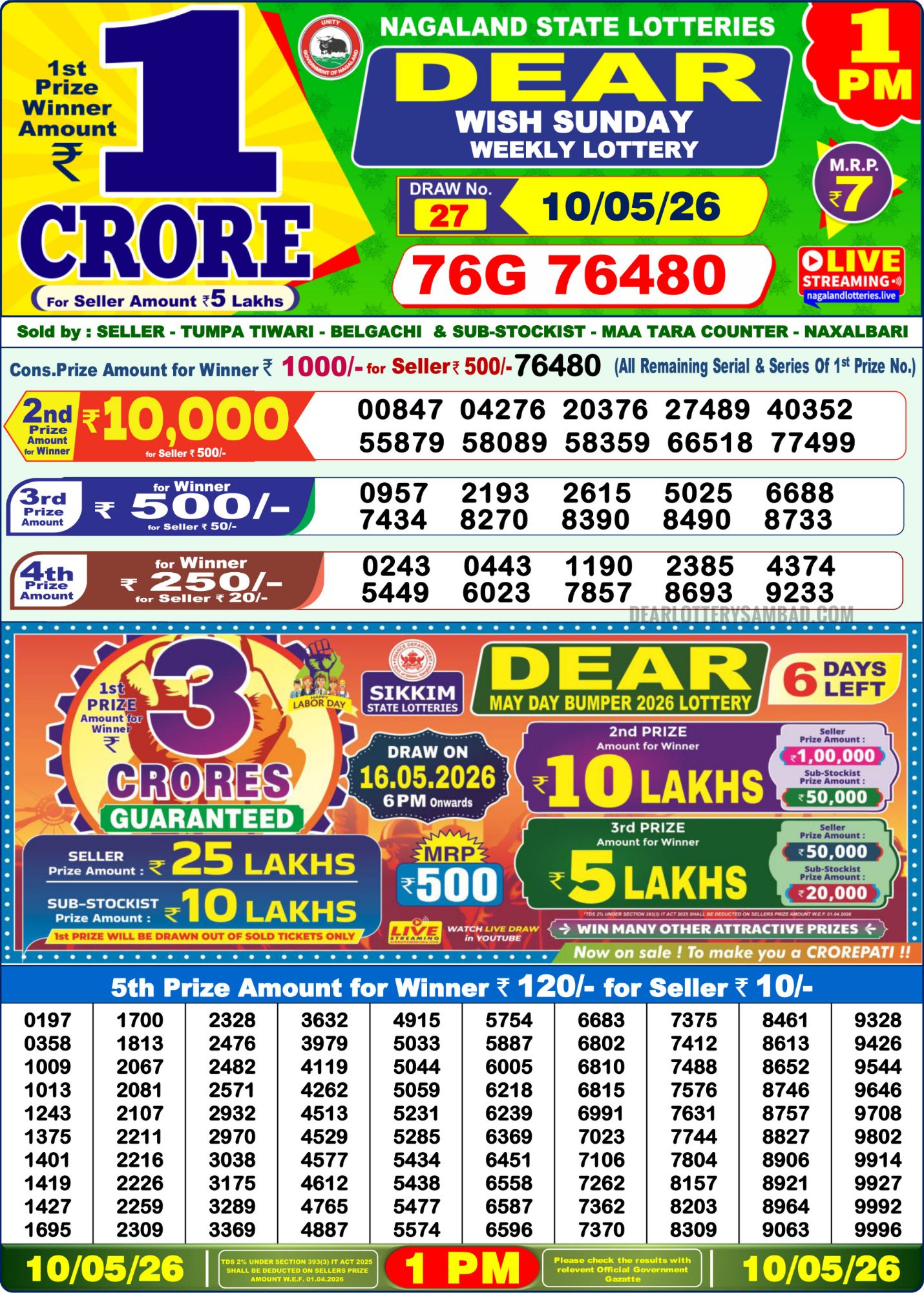 Lottery Sambad 1 PM Result Today 10.05.2026: Check Dear Morning Live Winner List PDF