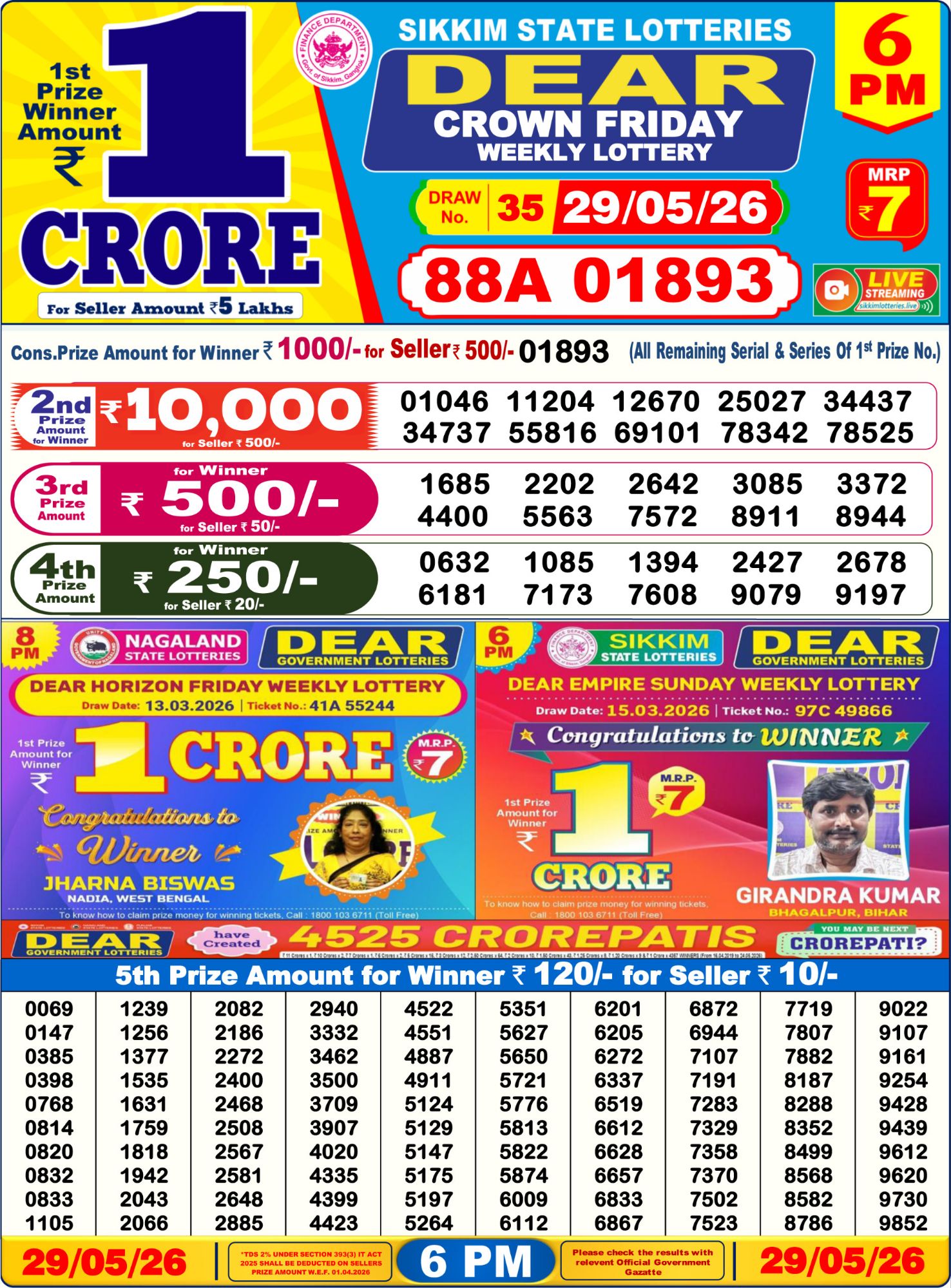 Dear Lottery Sambad Result 6 PM 29 May 2026: Download West Bengal Sambad Result