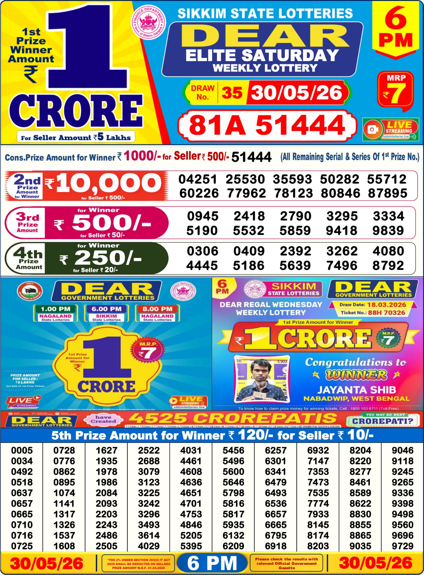 Dear Lottery Sambad Result 6 PM 30 May 2026: Download West Bengal Sambad Result