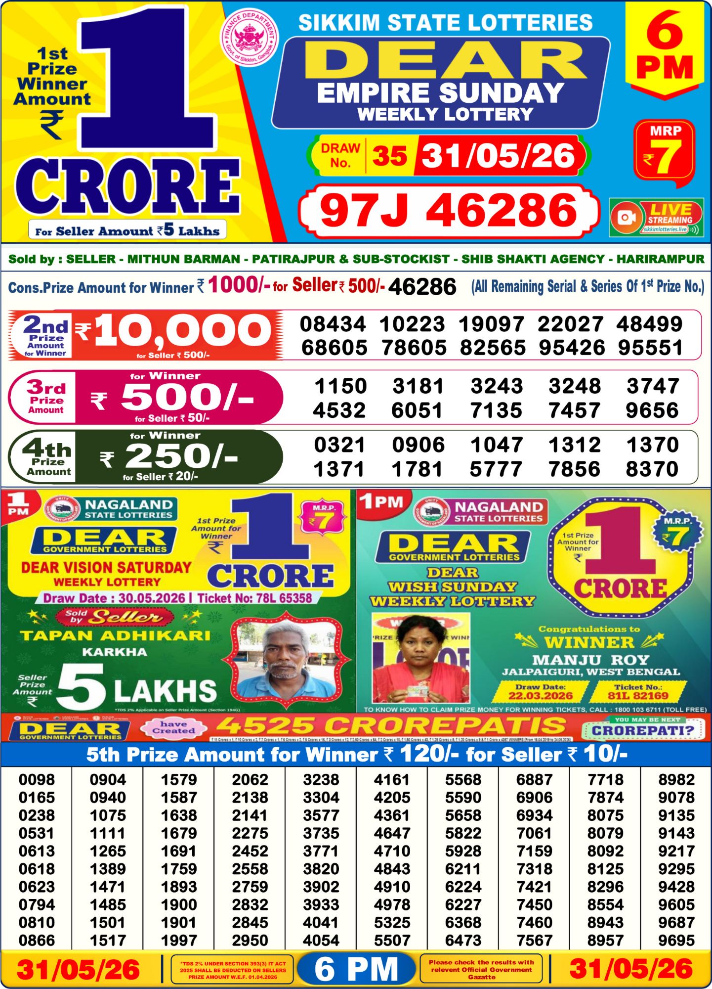 Dear Lottery Sambad Result 6 PM 31 May 2026: Download West Bengal Sambad Result