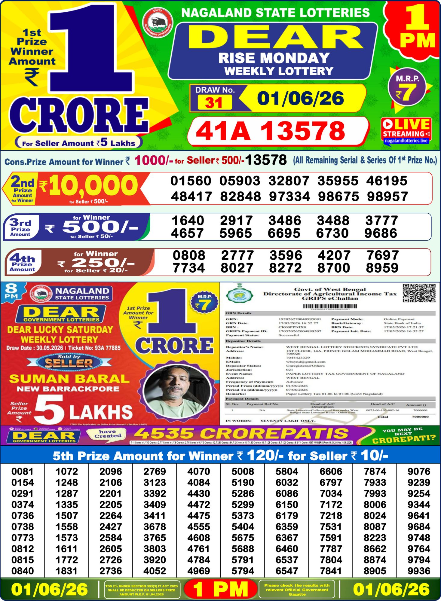 Lottery Sambad 1 PM Result Today 01.06.2026: Check Dear Morning Live Winner List PDF