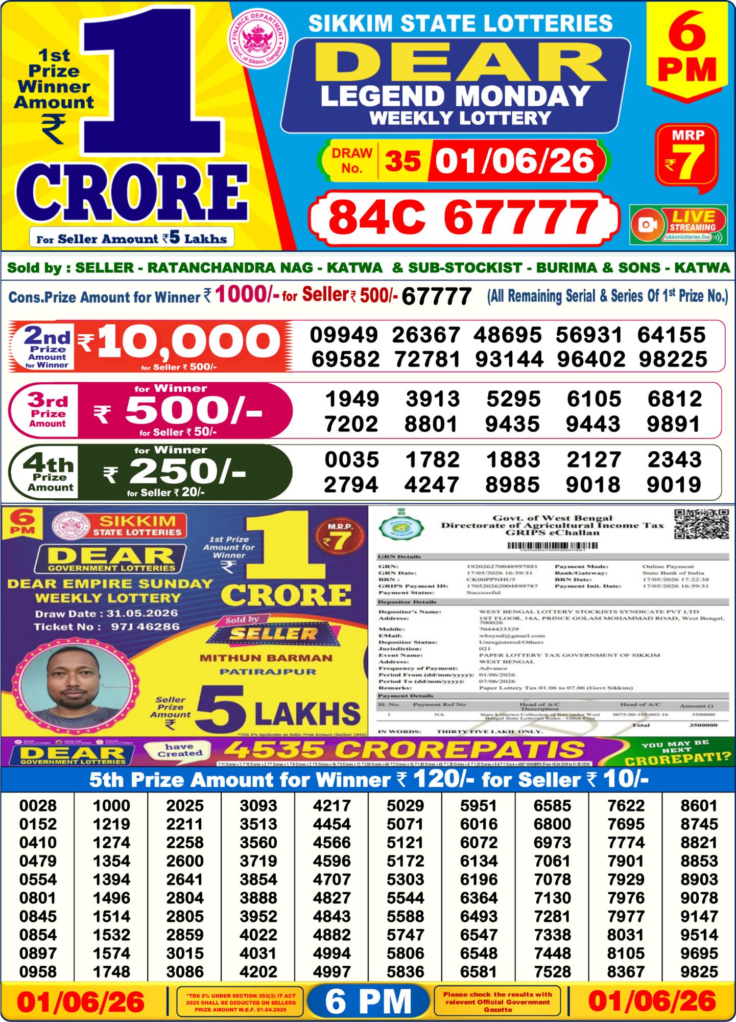 Dear Lottery Sambad Result 6 PM 01 June 2026: Download West Bengal Sambad Result