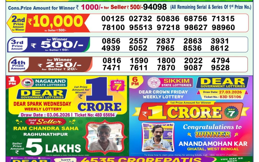 Lottery Sambad 1 PM Result Today 04.06.2026: Check Dear Morning Live Winner List PDF