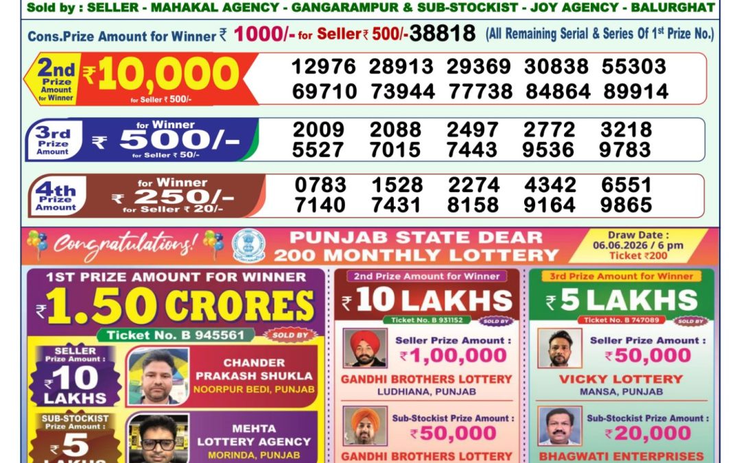 Lottery Sambad 1 PM Result Today 07.06.2026: Check Dear Morning Live Winner List PDF