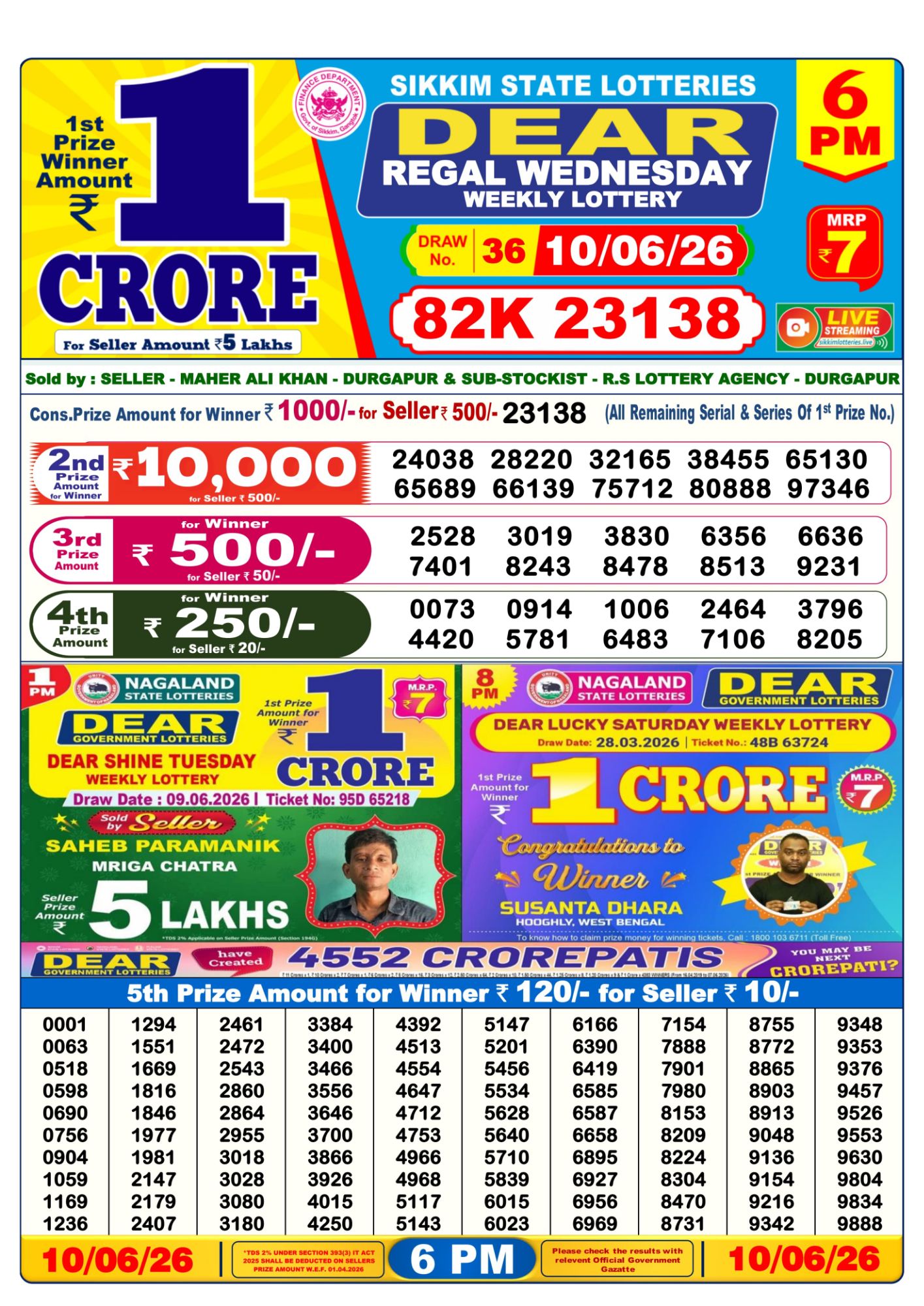Dear Lottery Sambad Result 6 PM 10 June 2026: Download West Bengal Sambad Result