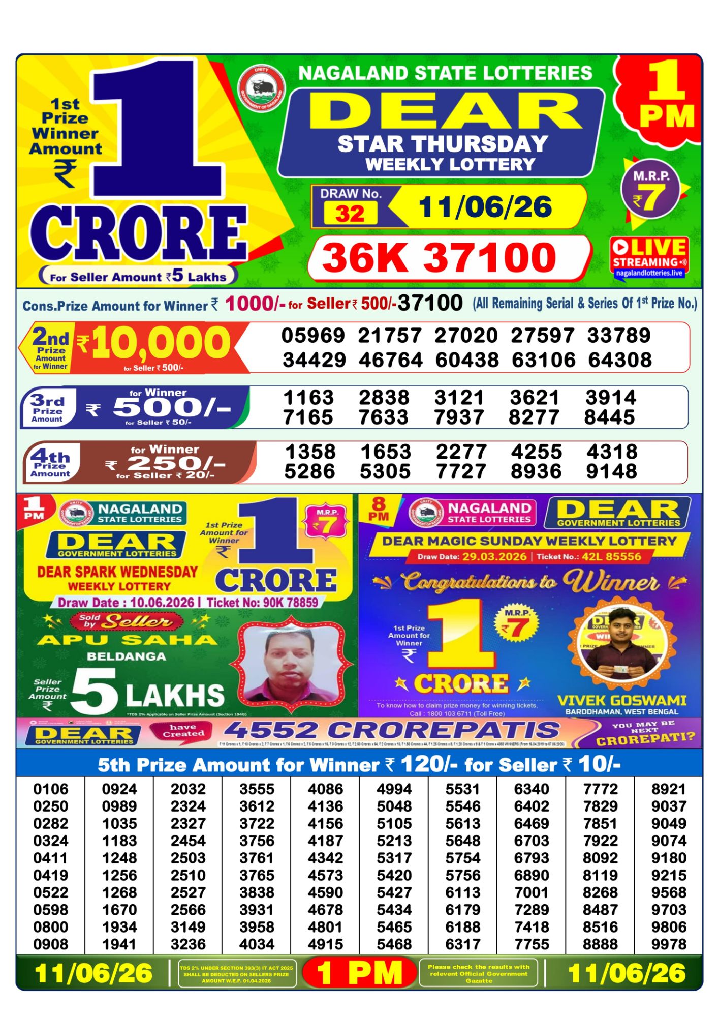 Lottery Sambad 1 PM Result Today 11.06.2026: Check Dear Morning Live Winner List PDF