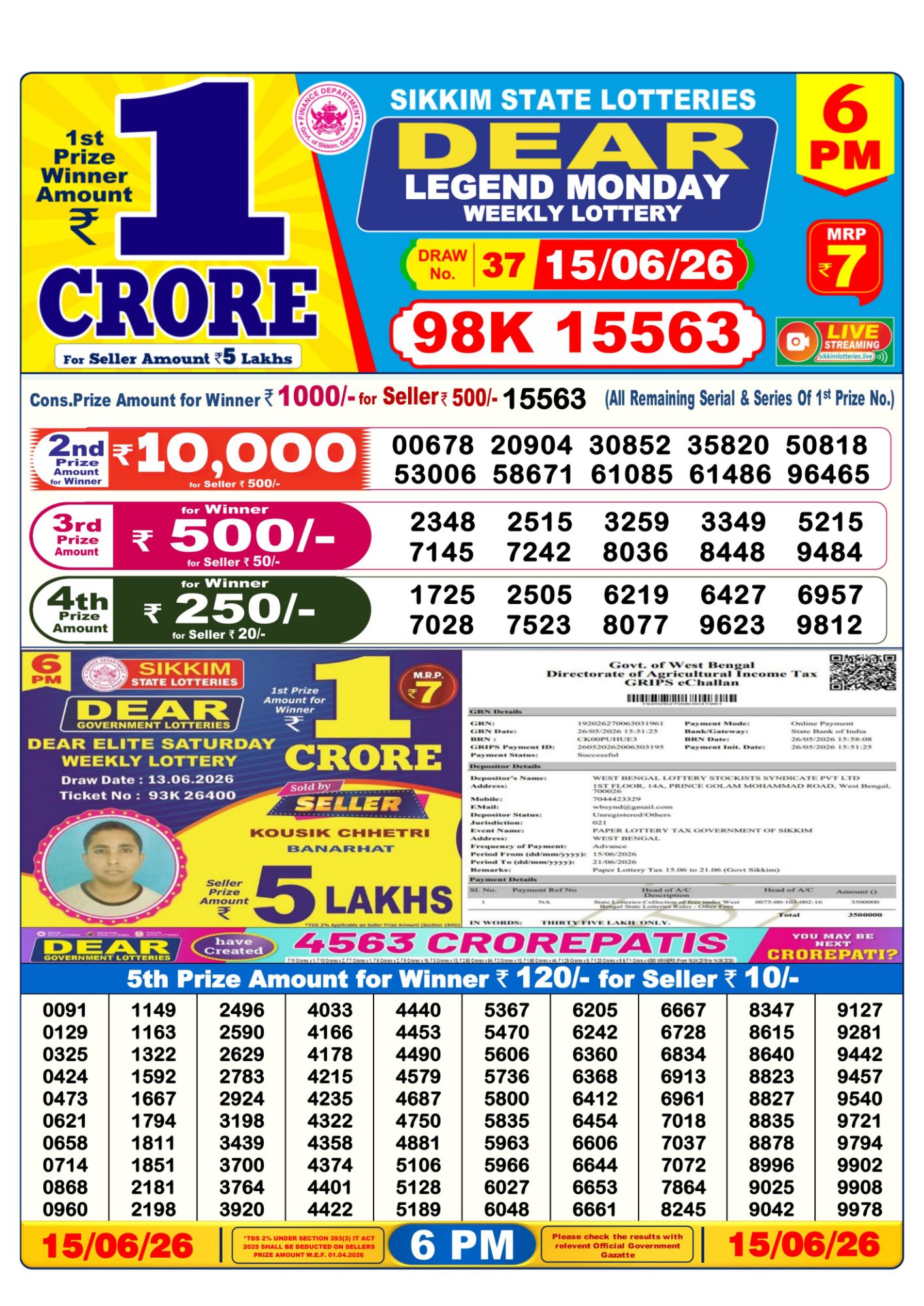 Dear Lottery Sambad Result 6 PM 15 June 2026: Download West Bengal Sambad Result