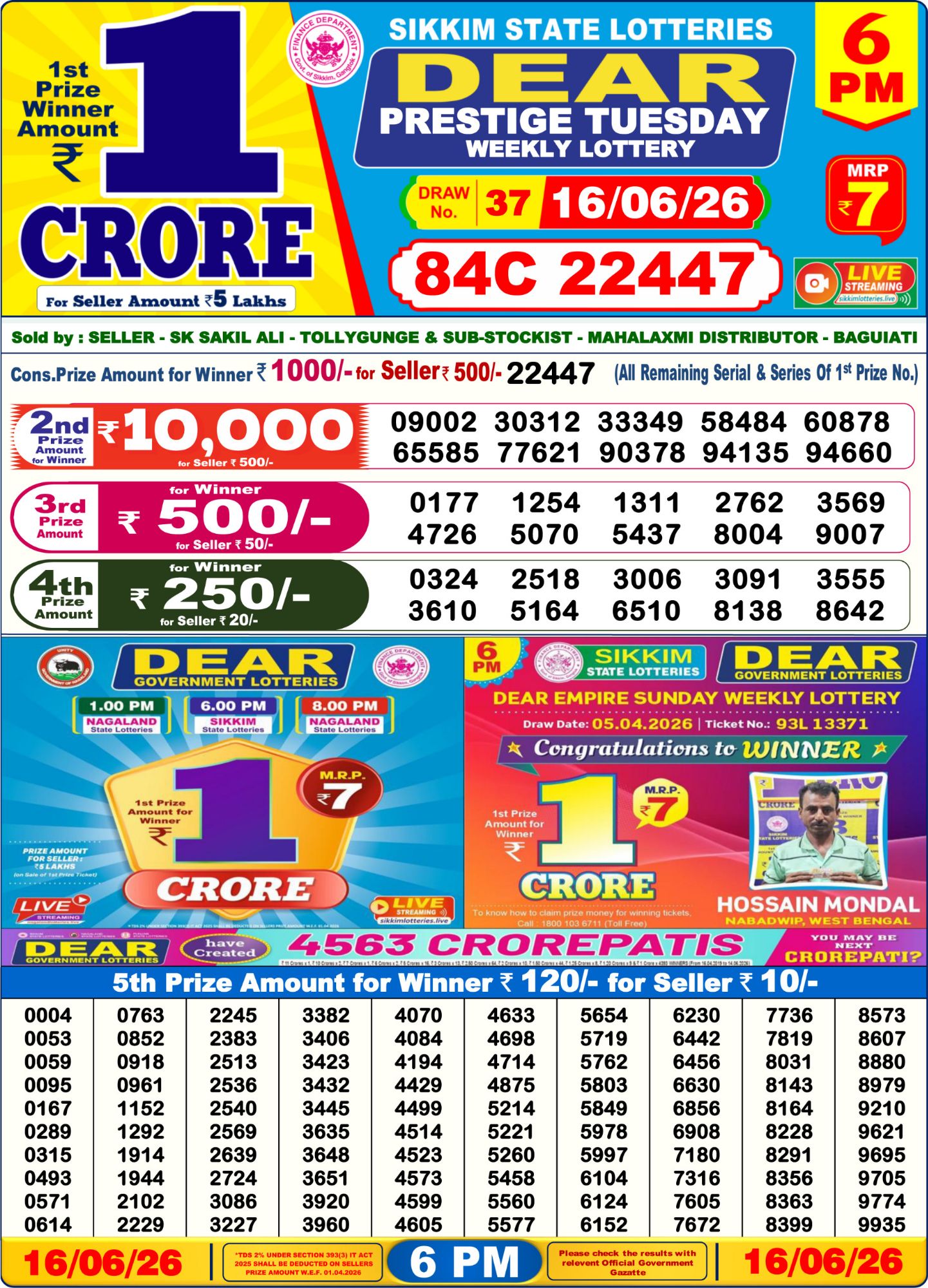 Dear Lottery Sambad Result 6 PM 16 June 2026: Download West Bengal Sambad Result