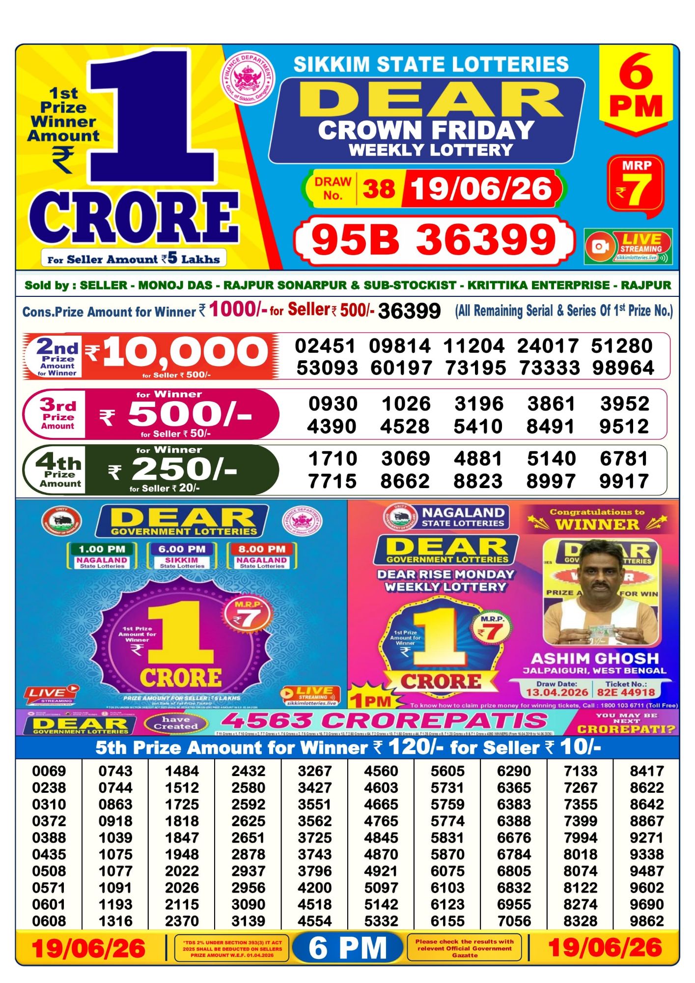 Dear Lottery Sambad Result 6 PM 19 June 2026: Download West Bengal Sambad Result