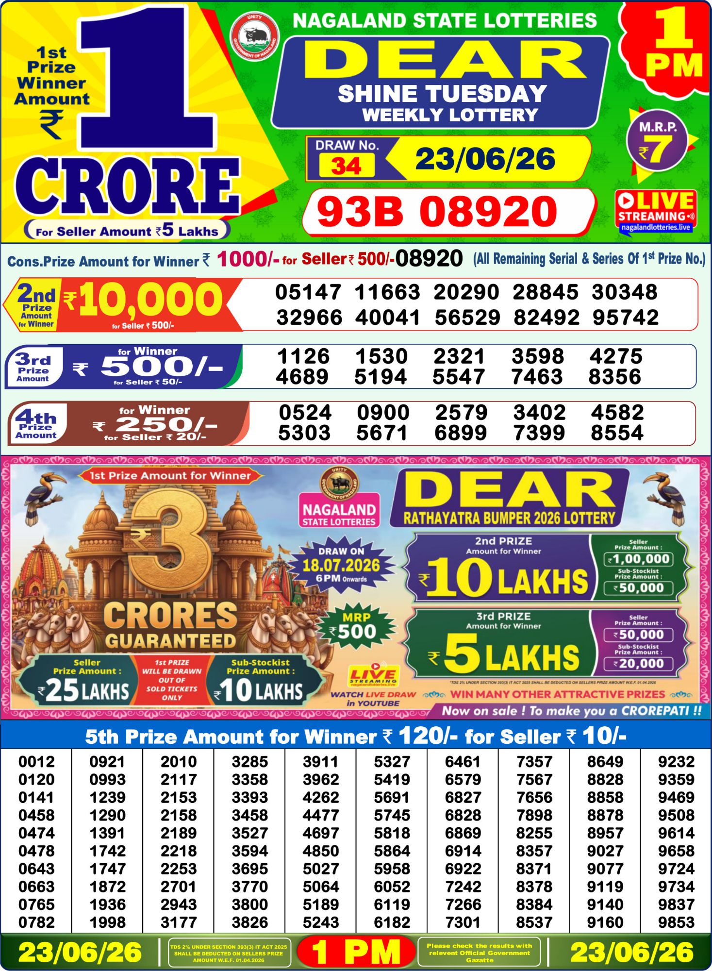 Lottery Sambad 1 PM Result Today 23.06.2026: Check Dear Morning Live Winner List PDF