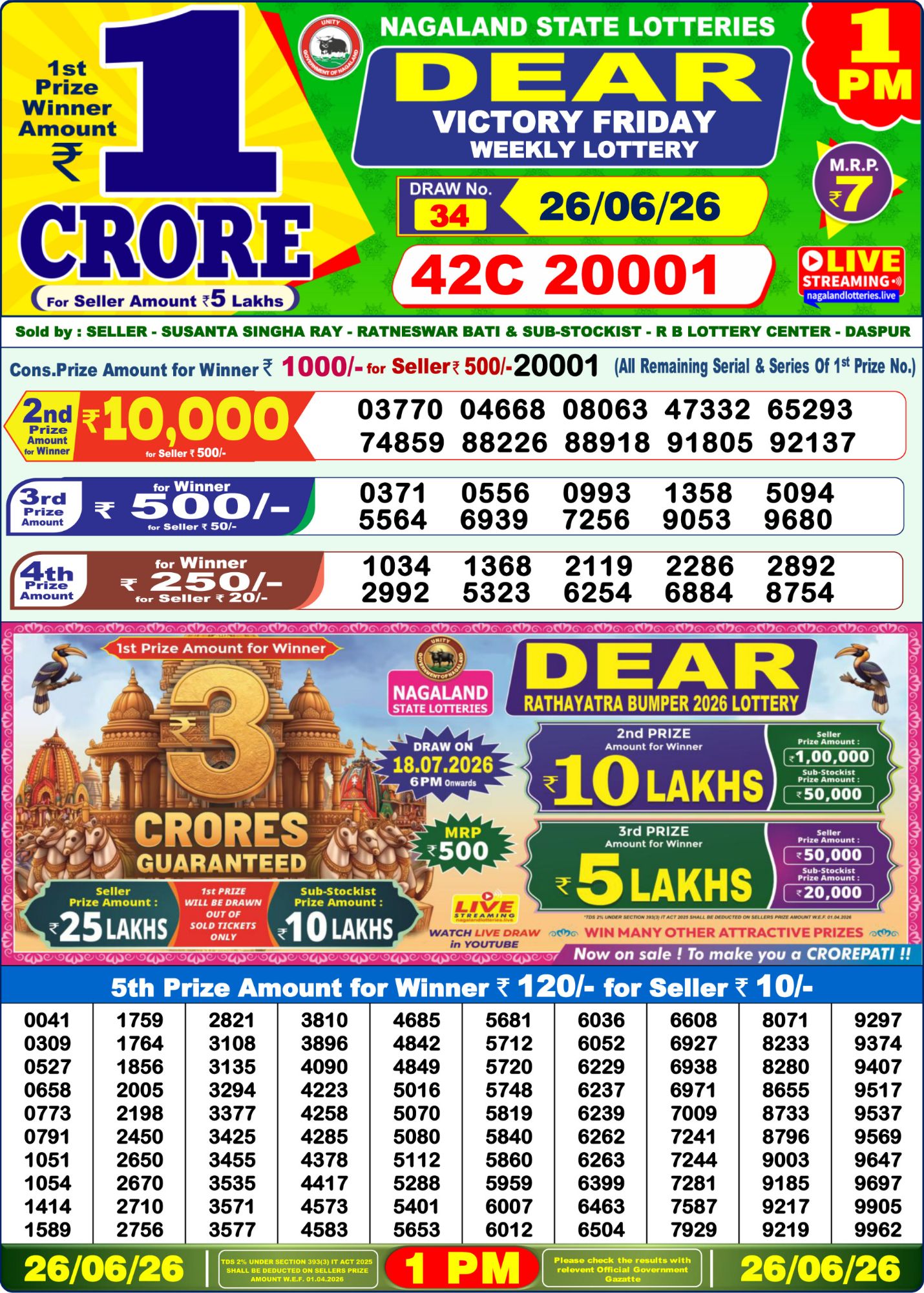 Lottery Sambad 1 PM Result Today 26.06.2026: Check Dear Morning Live Winner List PDF