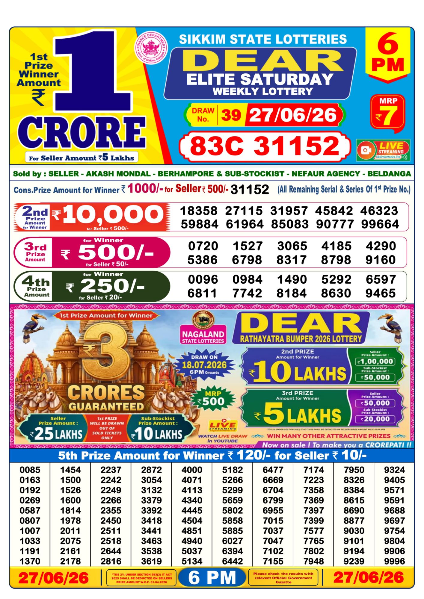 Dear Lottery Sambad Result 6 PM 27 June 2026: Download West Bengal Sambad Result