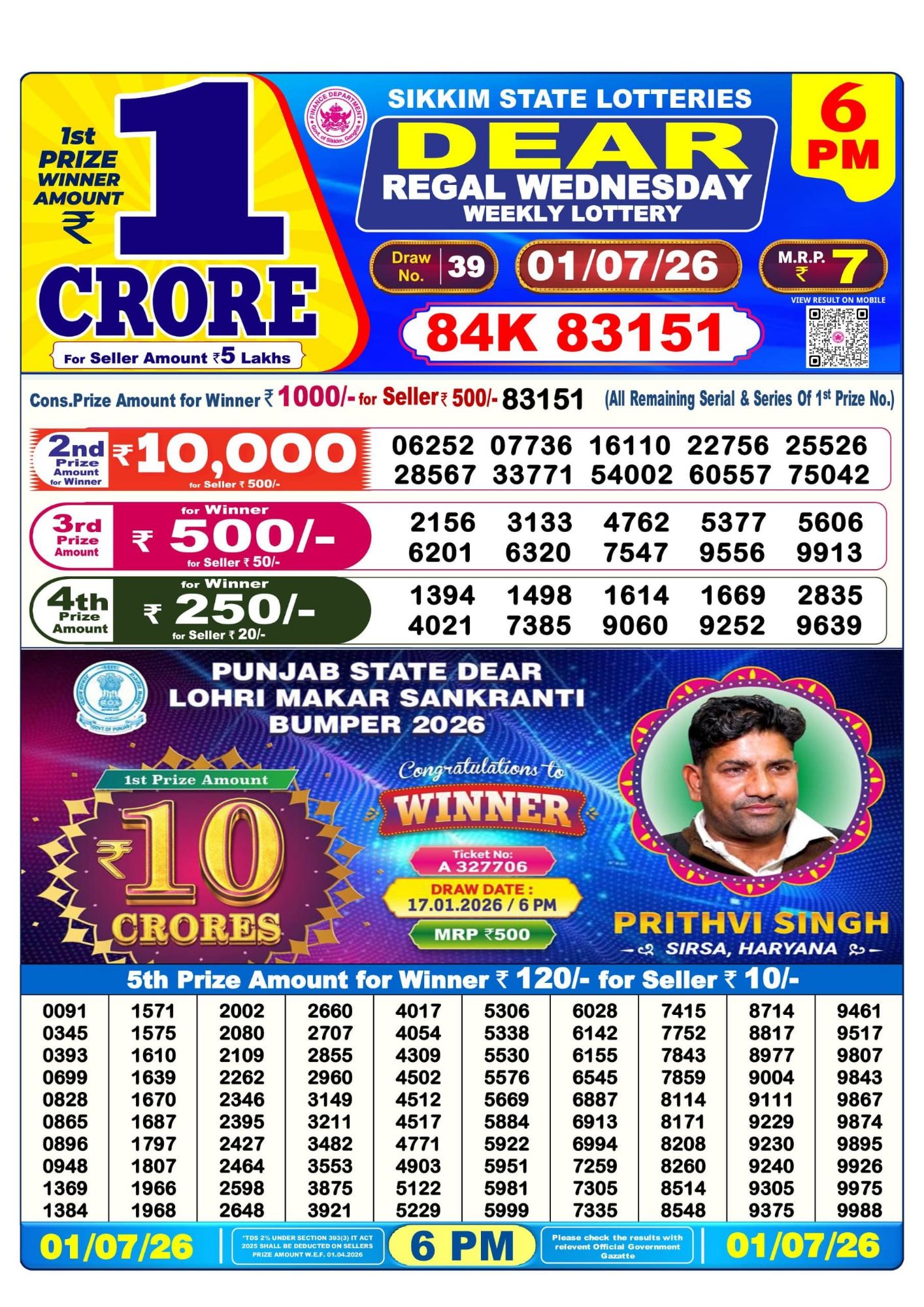 Dear Lottery Sambad Result 6 PM 01 July 2026: Download West Bengal Sambad Result